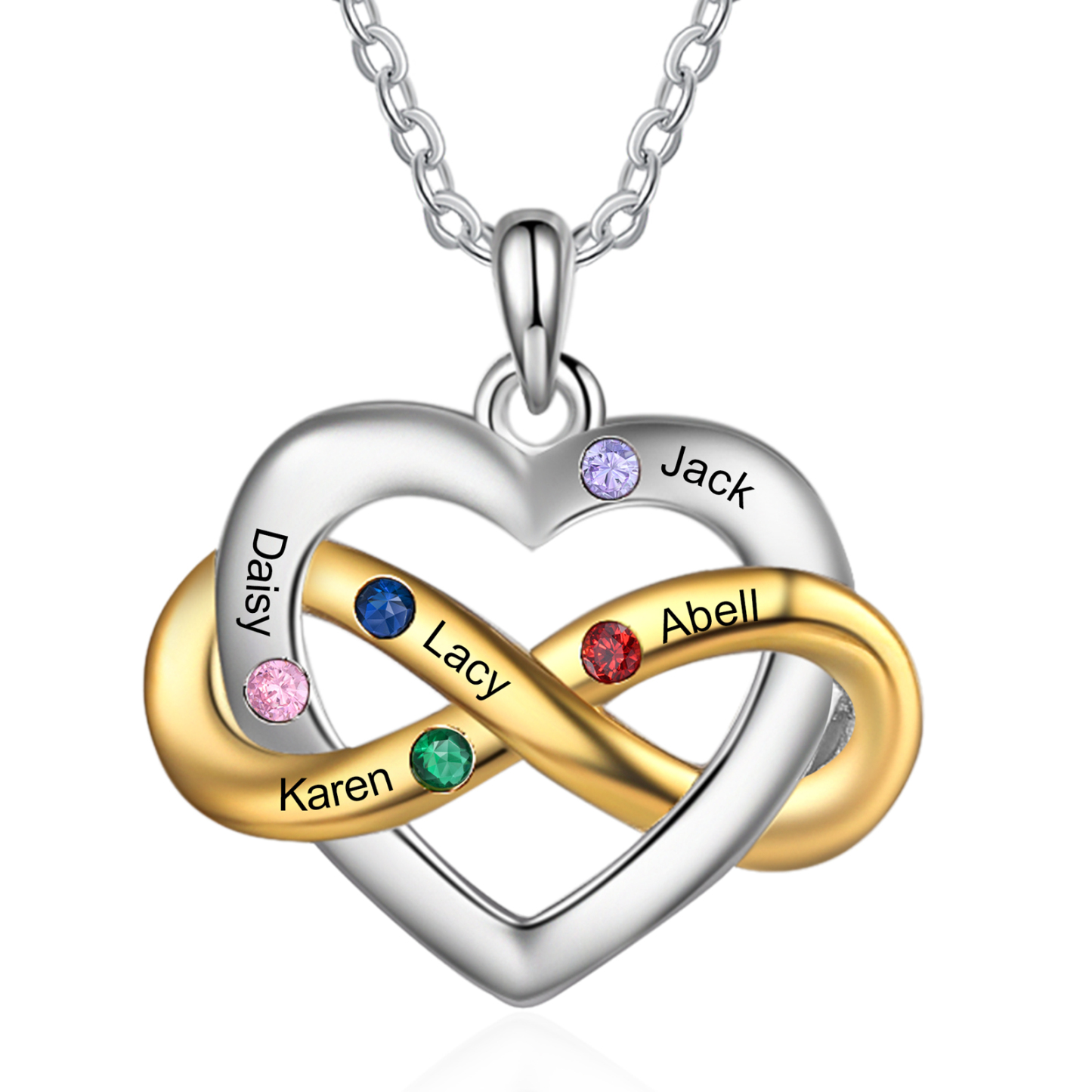 Collier cœur infini Prénoms Personnalisés avec 5 pierres de naissance