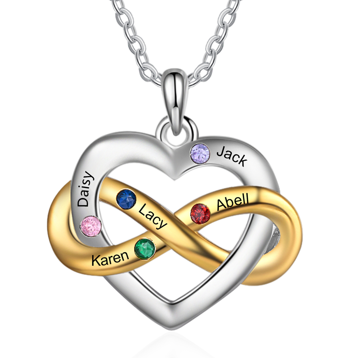 Collier Cœur infini 2-6 Prénoms Personnalisés avec pierres de naissance Collier Personnalisé Femme Cadeau pour femme | Jessemade