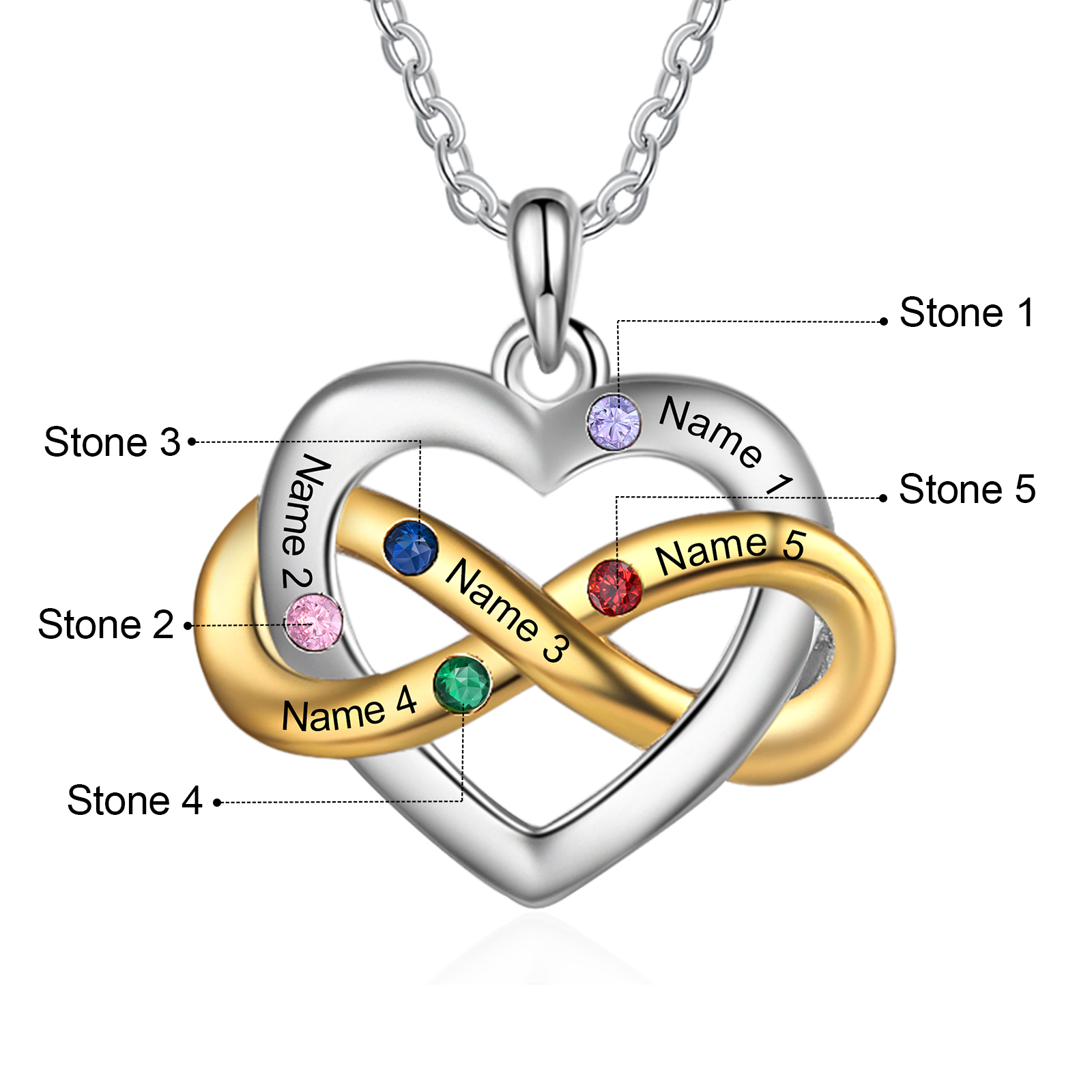 Collier cœur infini 5 Prénoms Personnalisés avec 5 pierres de naissance Collier Personnalisé Femme Cadeau pour femme | Jessemade