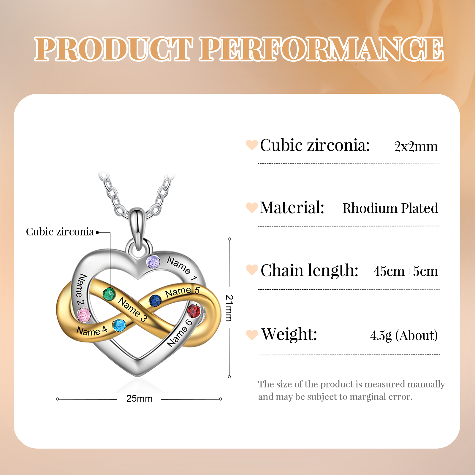 Collier cœur infini 6 Prénoms Personnalisés avec 6 pierres de naissance Collier Personnalisé Femme Cadeau pour femme | Jessemade