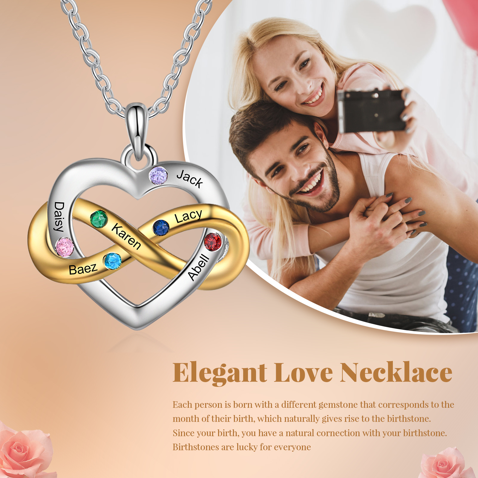 Collier cœur infini 6 Prénoms Personnalisés avec 6 pierres de naissance Collier Personnalisé Femme Cadeau pour femme | Jessemade