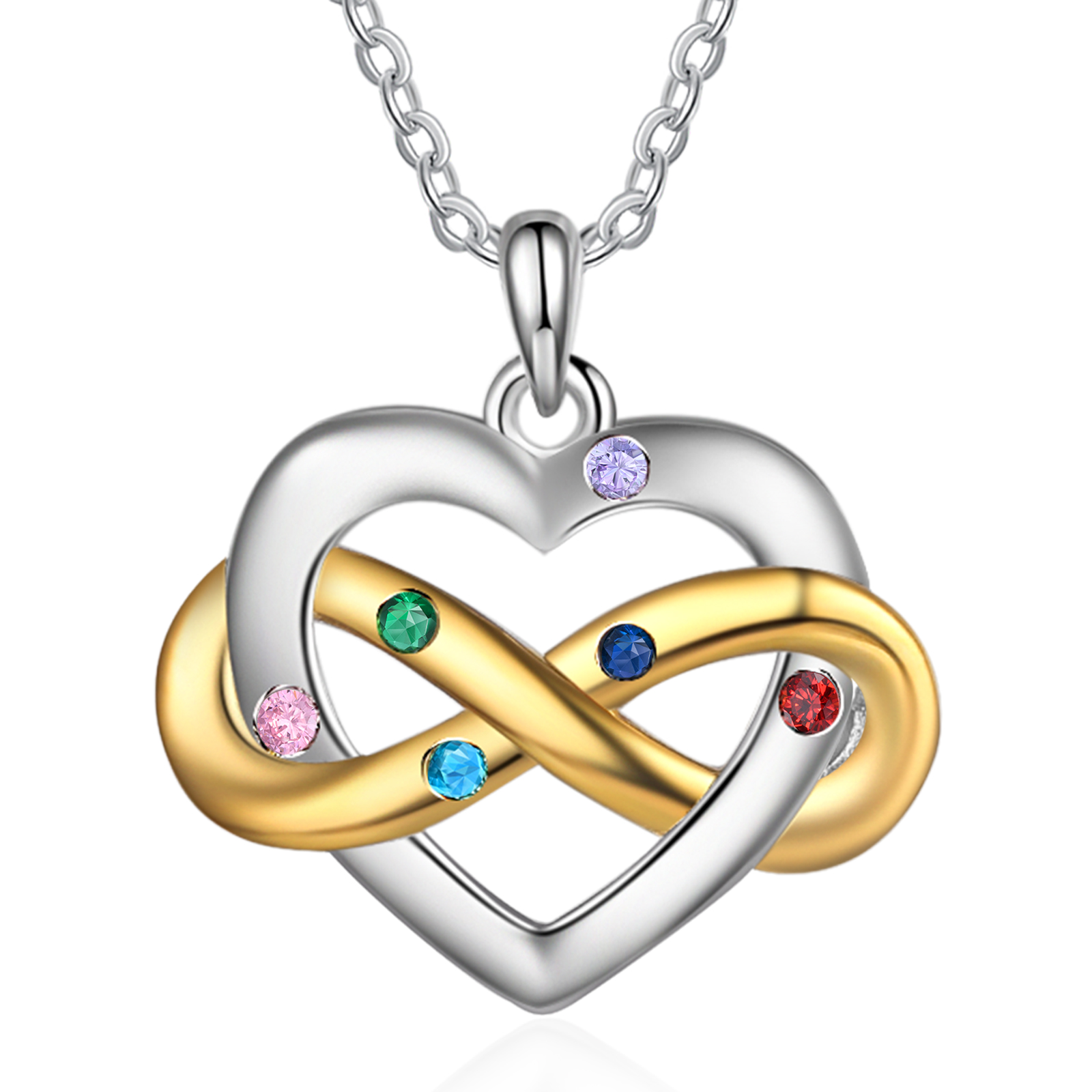 Collier cœur infini 6 Prénoms Personnalisés avec 6 pierres de naissance Collier Personnalisé Femme Cadeau pour femme | Jessemade
