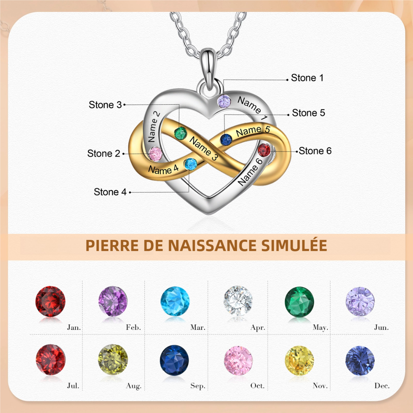 Collier Cœur infini 2-6 Prénoms Personnalisés avec pierres de naissance Collier Personnalisé Femme Cadeau pour femme | Jessemade