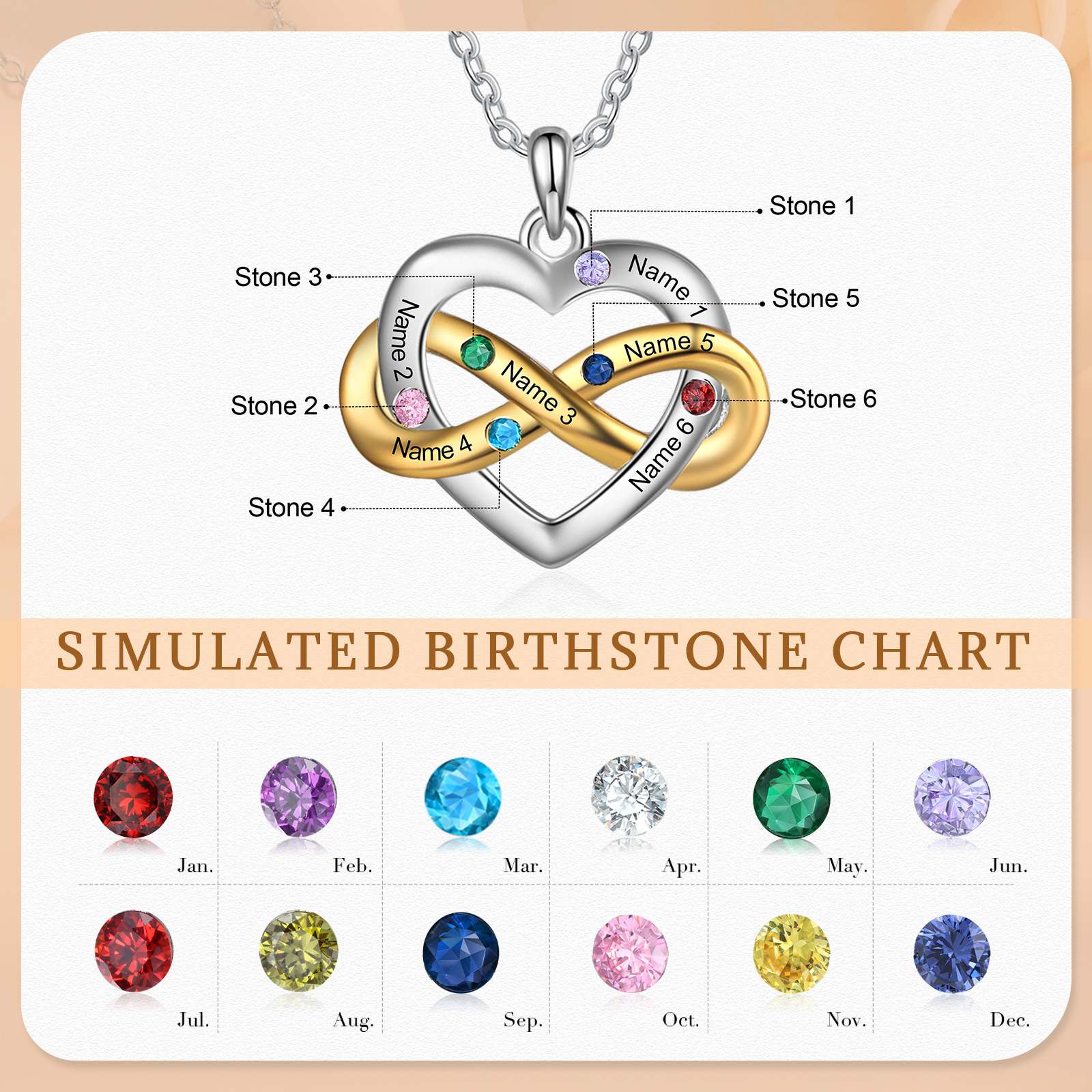 Collier cœur infini 6 Prénoms Personnalisés avec 6 pierres de naissance Collier Personnalisé Femme Cadeau pour femme | Jessemade
