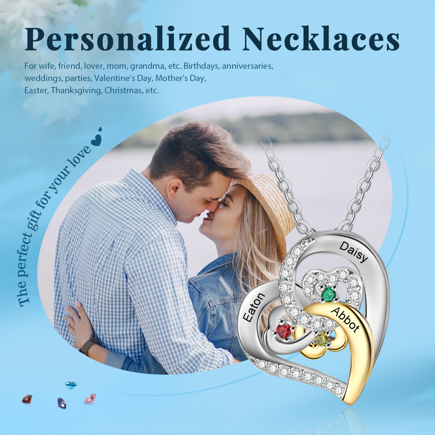 Collier Coeur en Spirale Collier Personnalisé avec 3 Prénoms et pierre de naissance pour Femme | Jessemade