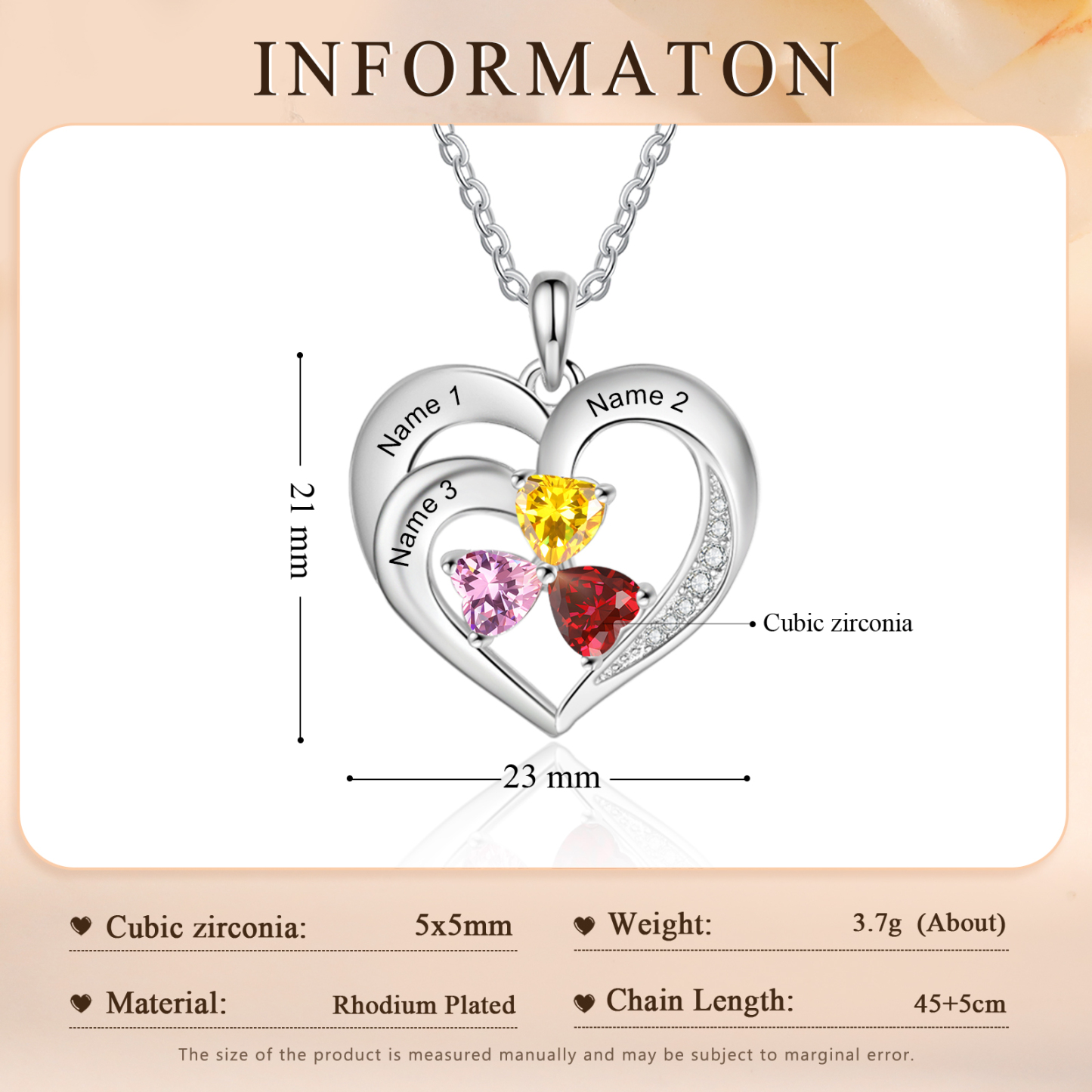 Collier Coeur 3 Prénoms Personnalisés avec Pierres de naissance Cadeau pour Femmes Saint Valentin|Jessemade