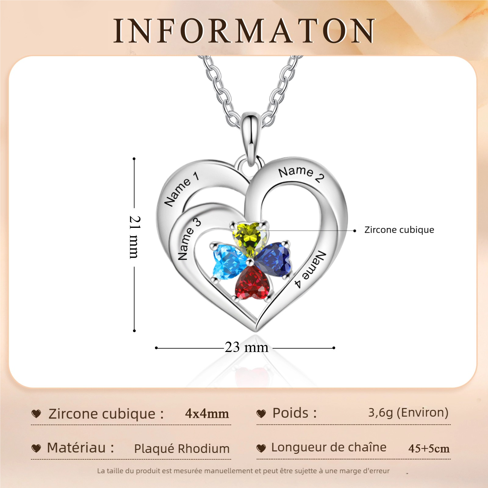 Collier Coeur 1-5 Prénoms Personnalisés avec Pierres de naissance Cadeau pour Femmes Saint Valentin｜Jessemade