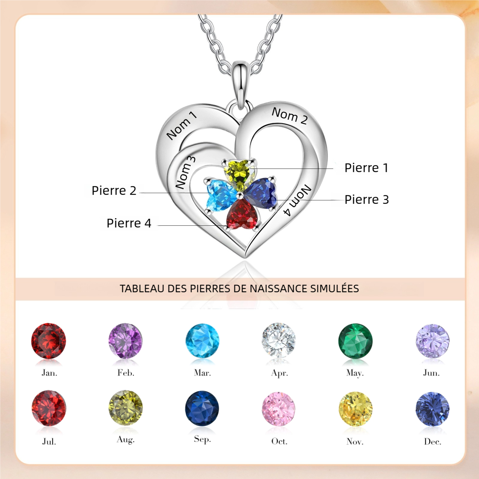 Collier Coeur 1-5 Prénoms Personnalisés avec Pierres de naissance Cadeau pour Femmes Saint Valentin｜Jessemade