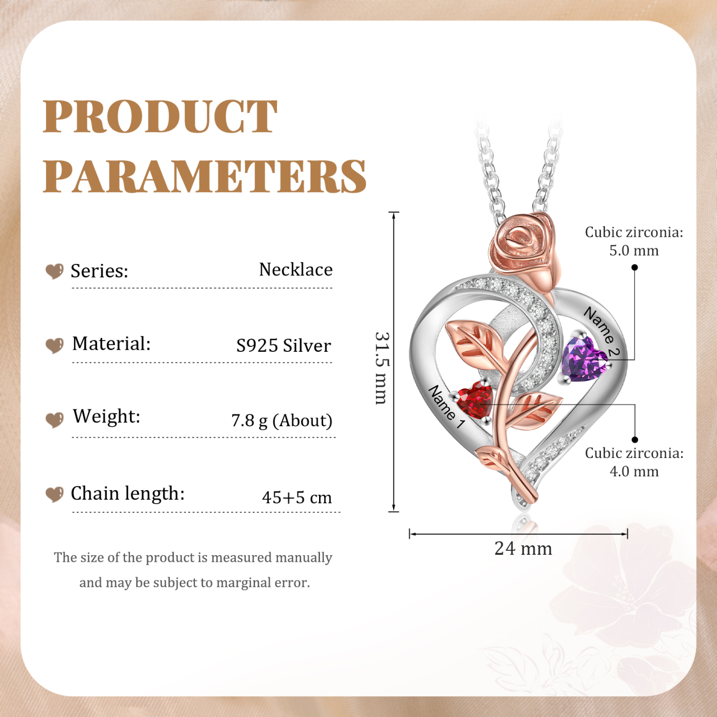 Collier Coeur Argent S925 Rose 2 Prénoms Personnalisés avec Pierres de naissance Cadeau pour Femmes Saint Valentin|Jessemade