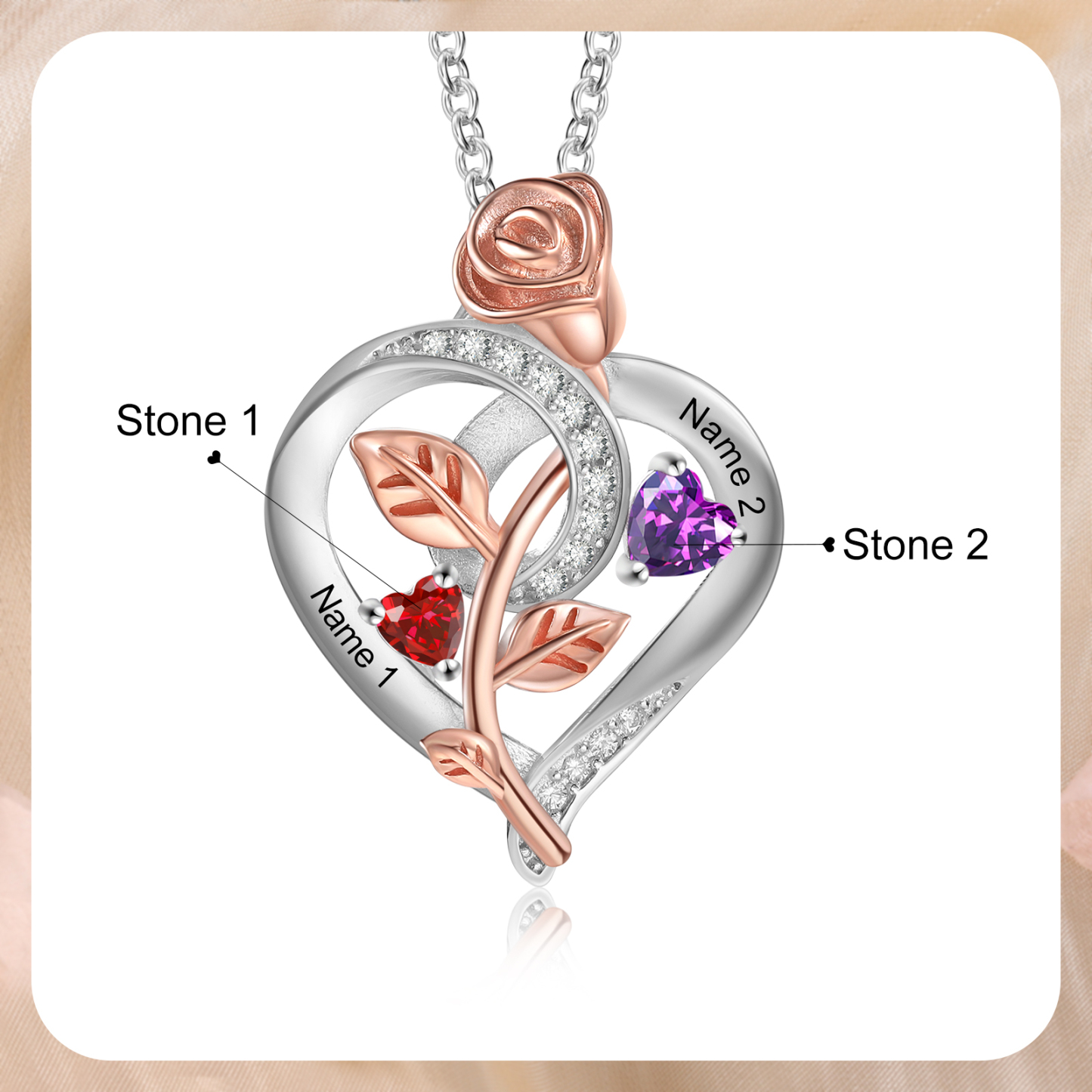 Collier Coeur Argent S925 Rose 2 Prénoms Personnalisés avec Pierres de naissance Cadeau pour Femmes Saint Valentin|Jessemade