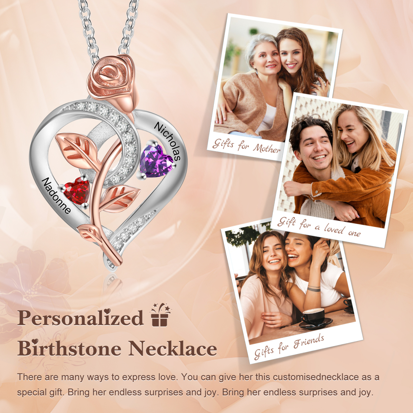 Collier Coeur Argent S925 Rose 2 Prénoms Personnalisés avec Pierres de naissance Cadeau pour Femmes Saint Valentin|Jessemade