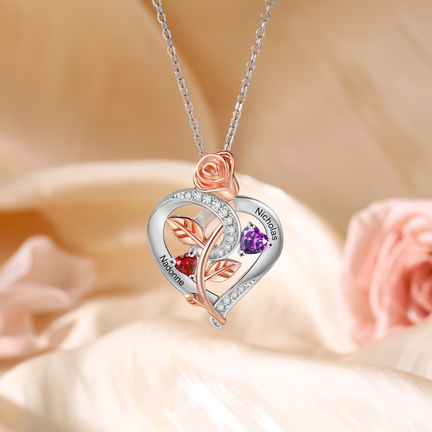 Collier Coeur Argent S925 Rose 2 Prénoms Personnalisés avec Pierres de naissance Cadeau pour Femmes Saint Valentin|Jessemade