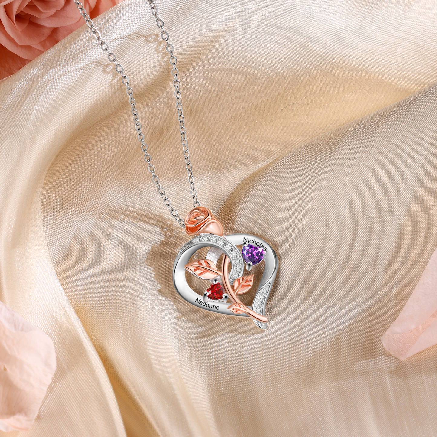 Collier Coeur Argent S925 Rose 2 Prénoms Personnalisés avec Pierres de naissance Cadeau pour Femmes Saint Valentin|Jessemade