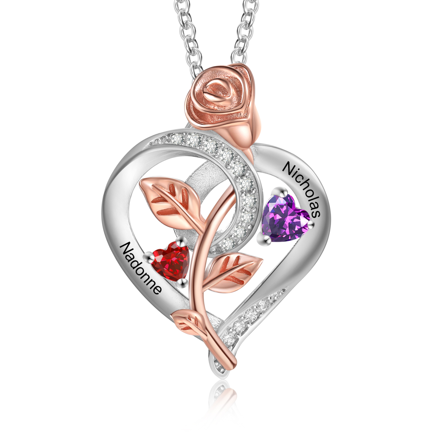 Collier Coeur Argent S925 Rose 2 Prénoms Personnalisés avec Pierres de