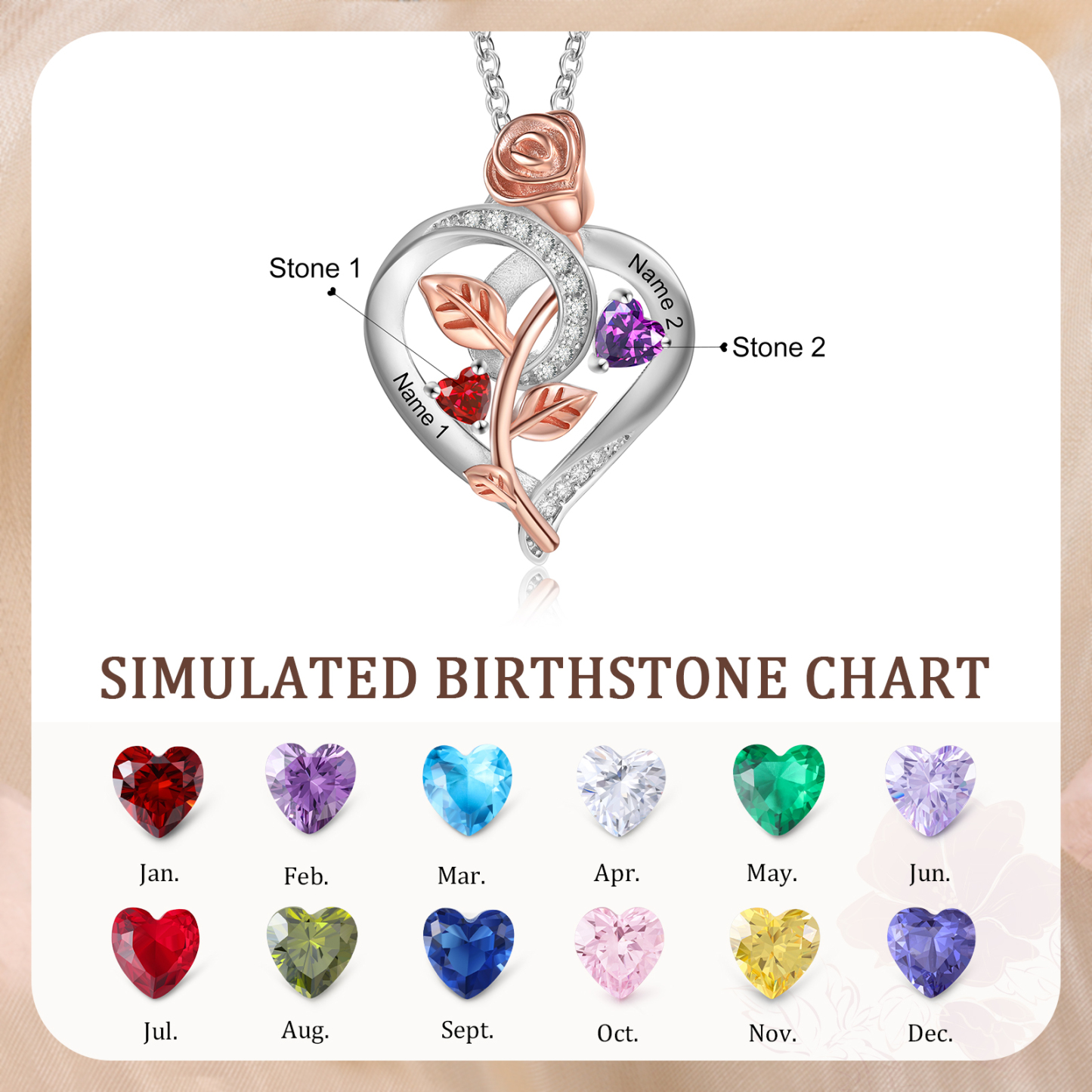Collier Coeur Argent S925 Rose 2 Prénoms Personnalisés avec Pierres de naissance Cadeau pour Femmes Saint Valentin|Jessemade