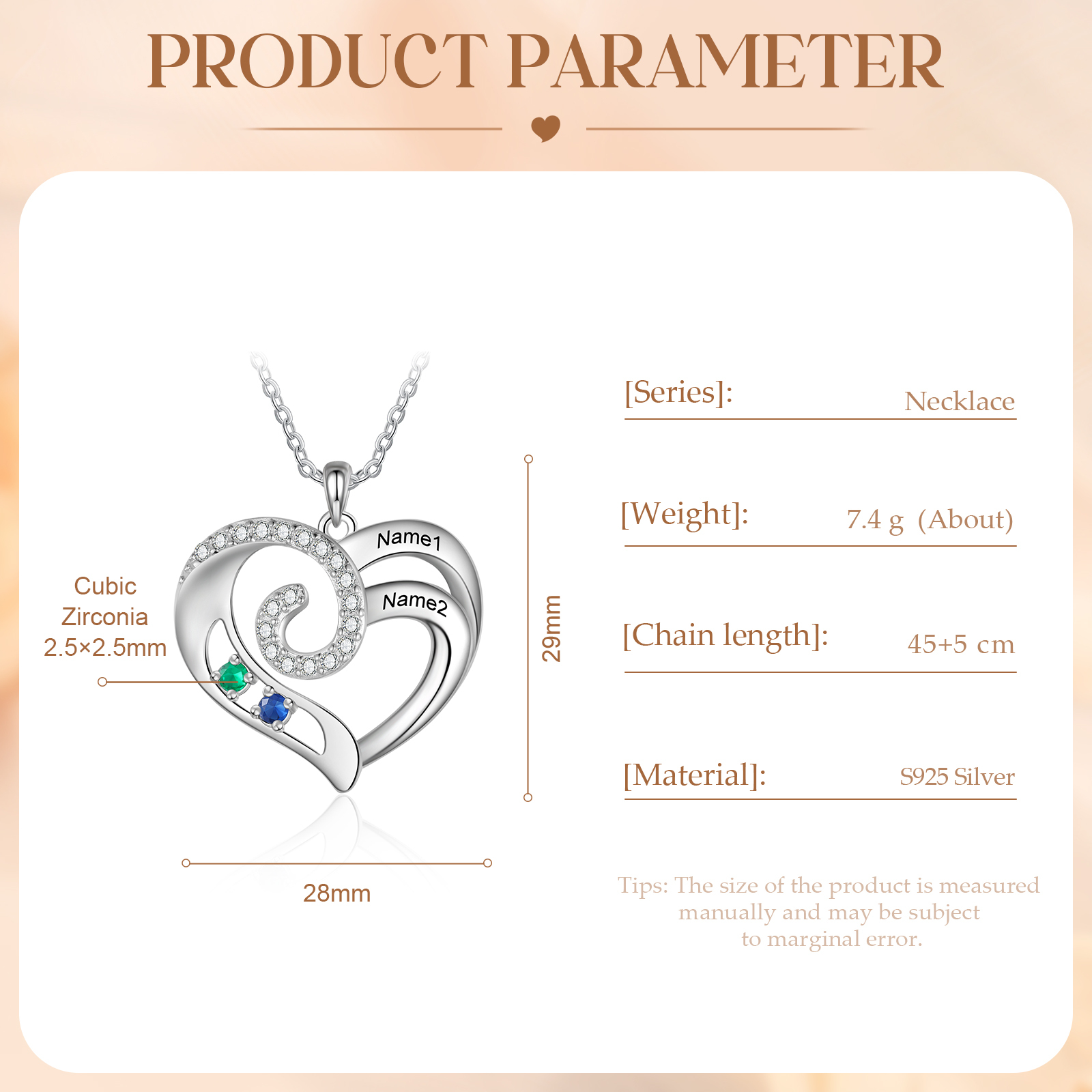 Collier Coeur 2 Prénoms Personnalisés avec 2 Pierre de Naissance Collier Personnalisé Femme｜Jessemade