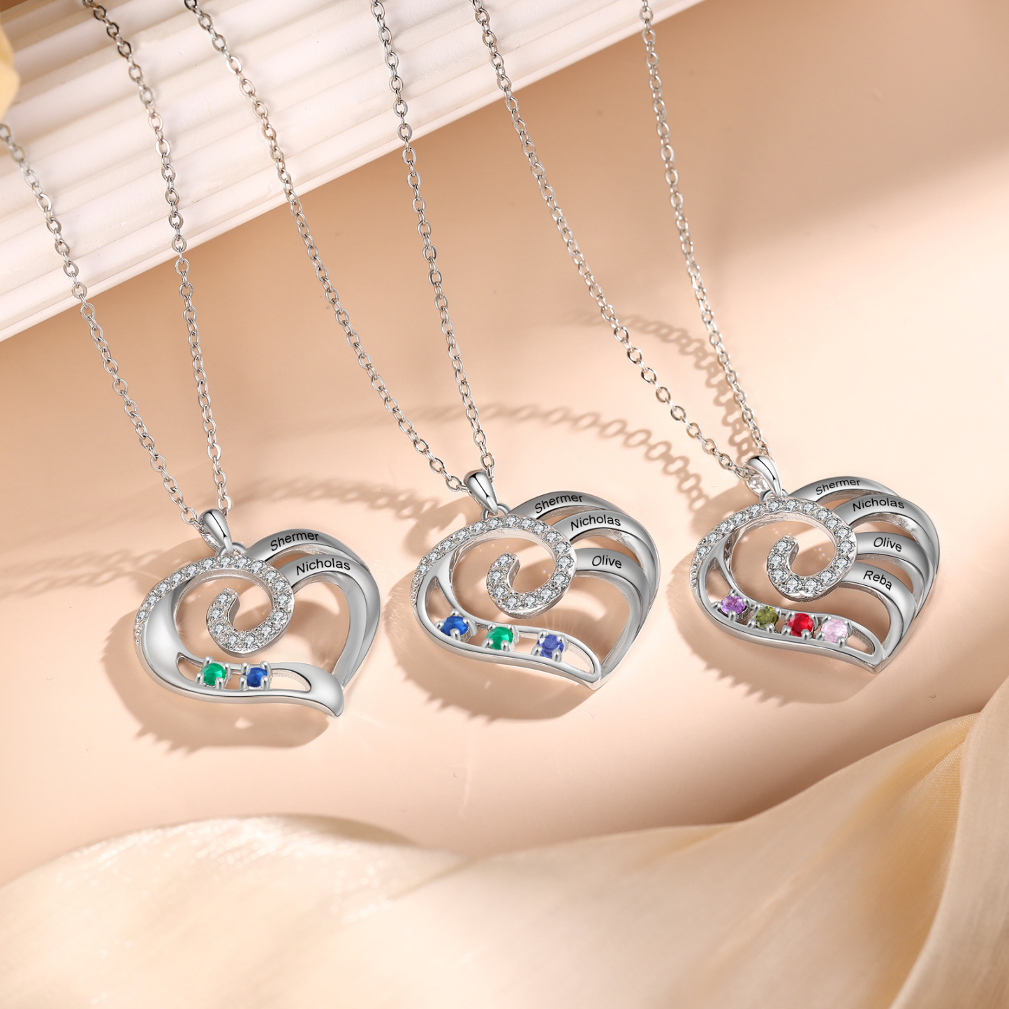 Collier Coeur 3 Prénoms Personnalisés avec 3 Pierre de Naissance Collier Personnalisé Femme|Jessemade