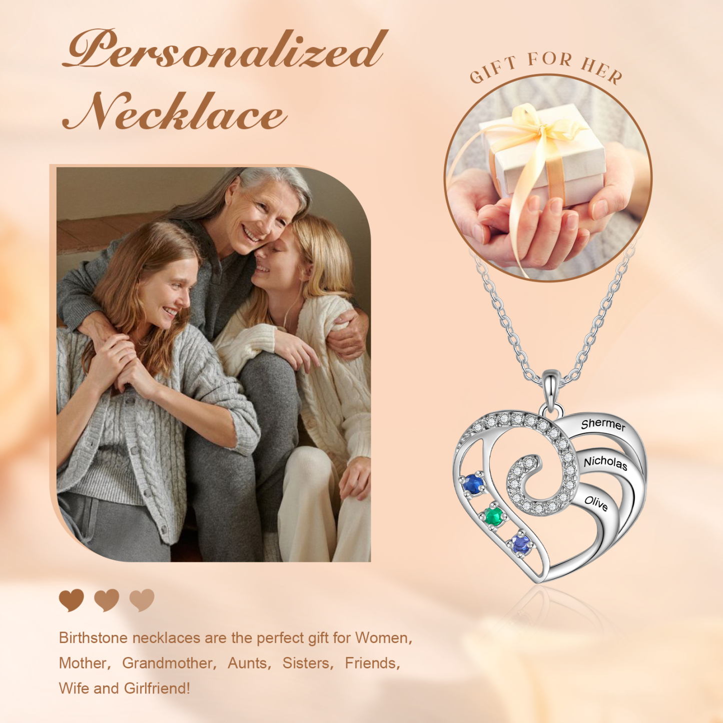 Collier Coeur 3 Prénoms Personnalisés avec 3 Pierre de Naissance Collier Personnalisé Femme|Jessemade
