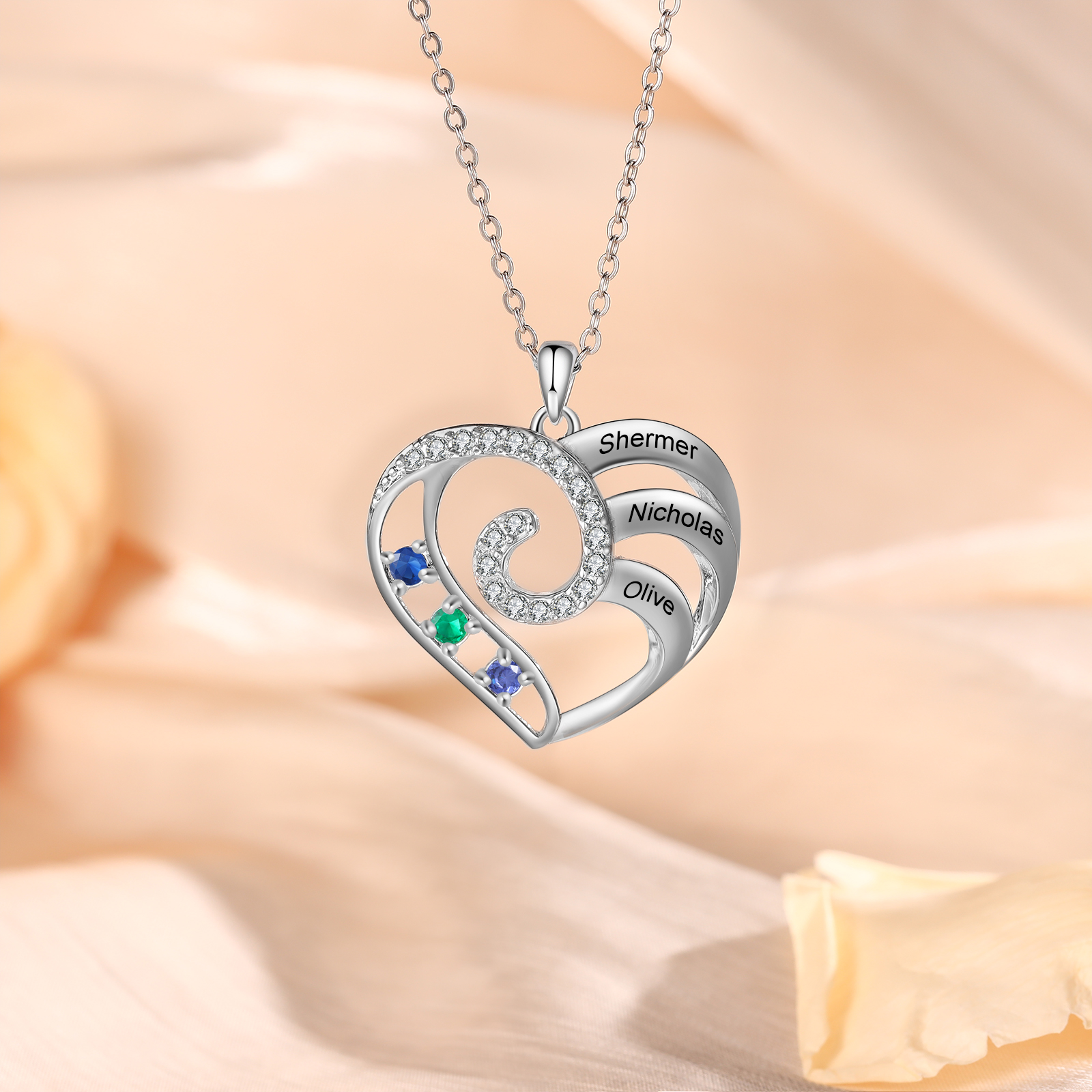 Collier Coeur 3 Prénoms Personnalisés avec 3 Pierre de Naissance Collier Personnalisé Femme｜Jessemade