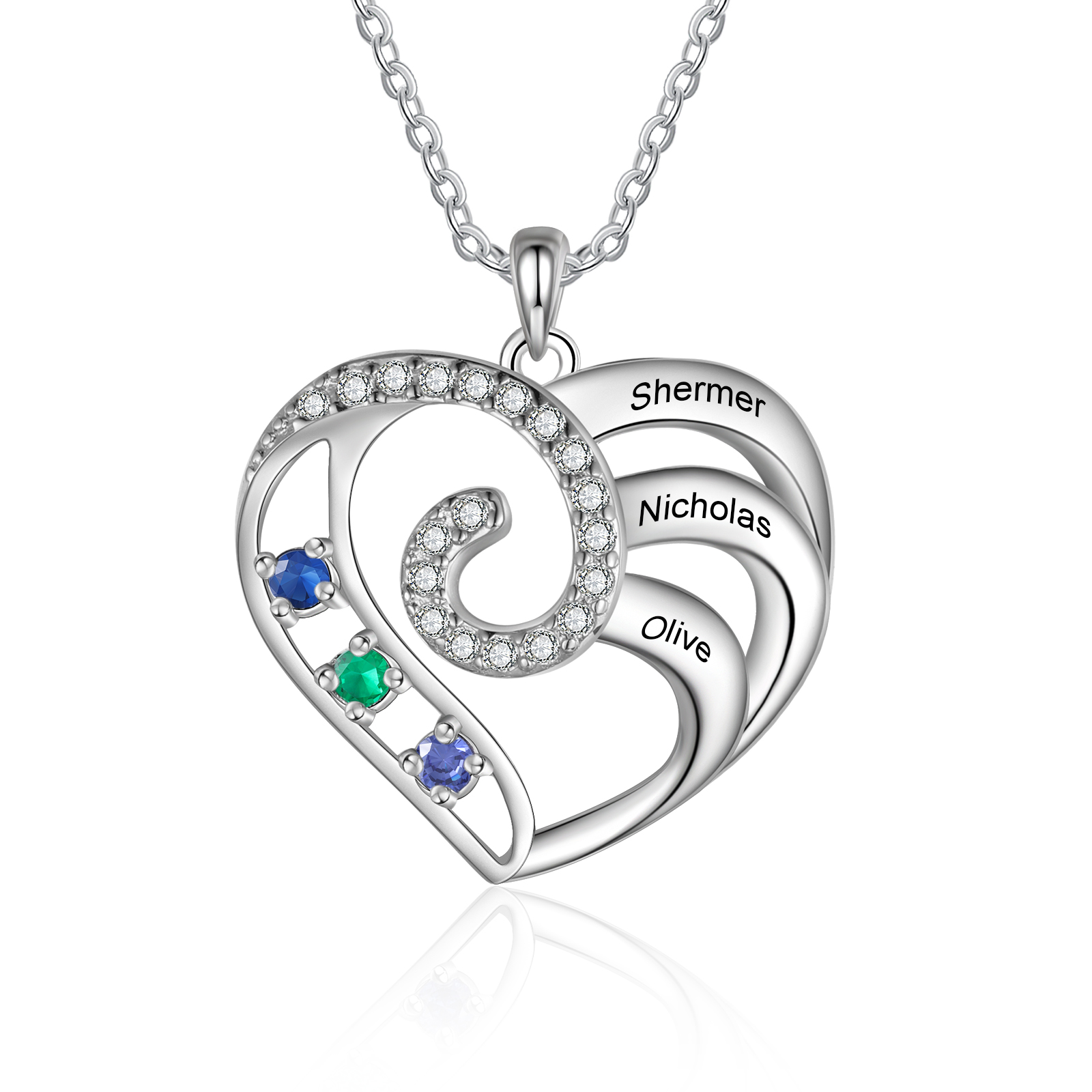 Collier Coeur 3 Prénoms Personnalisés avec 3 Pierre de Naissance Collier Personnalisé Femme｜Jessemade