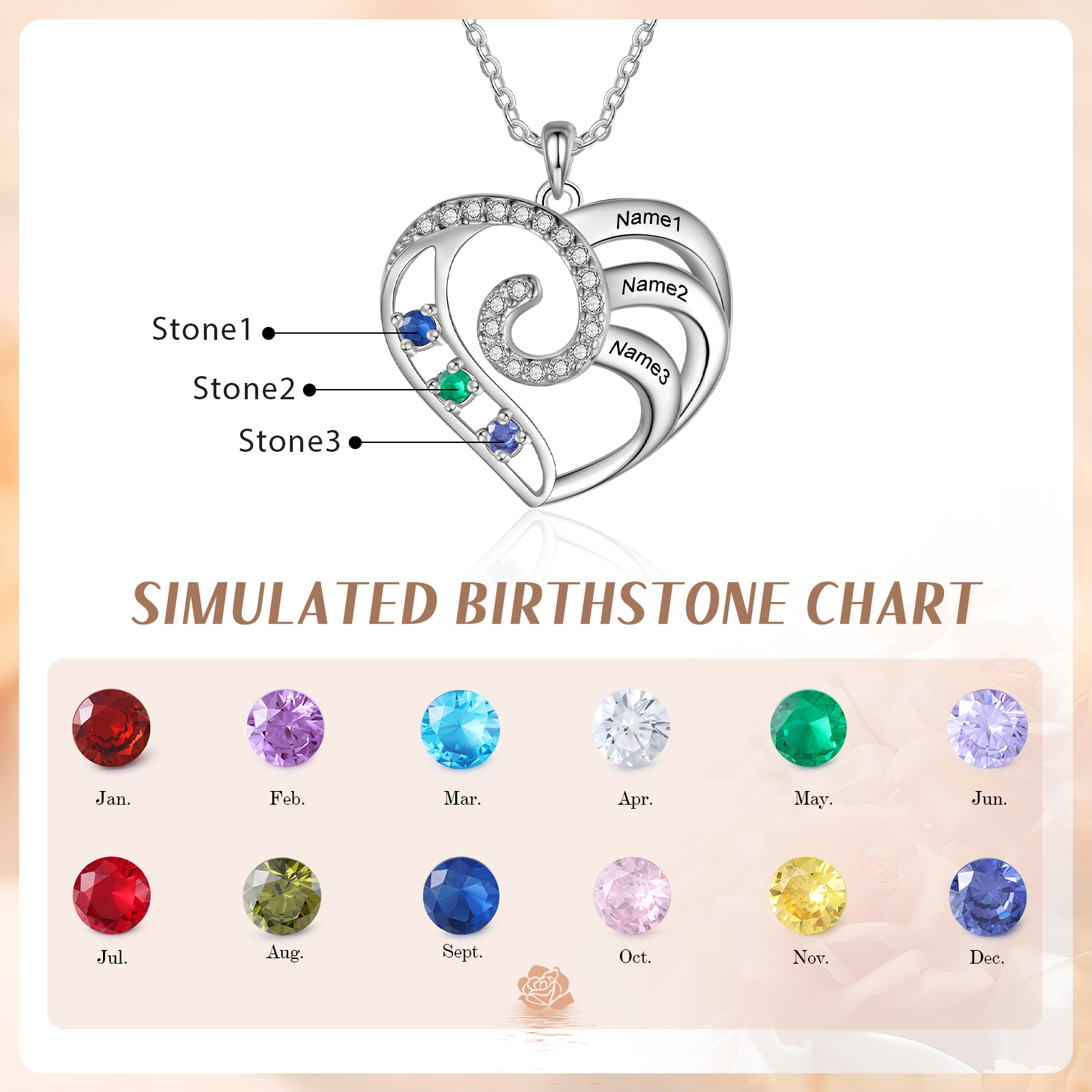 Collier Coeur 3 Prénoms Personnalisés avec 3 Pierre de Naissance Collier Personnalisé Femme|Jessemade