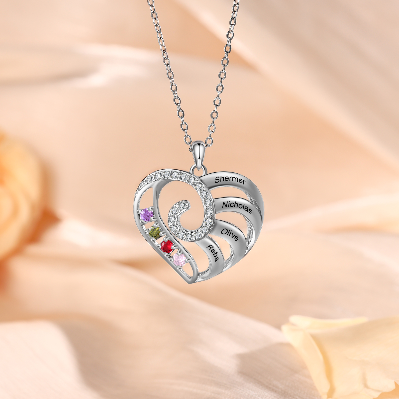 Collier Coeur 4 Prénoms Personnalisés avec 4 Pierre de Naissance Collier Personnalisé Femme｜Jessemade