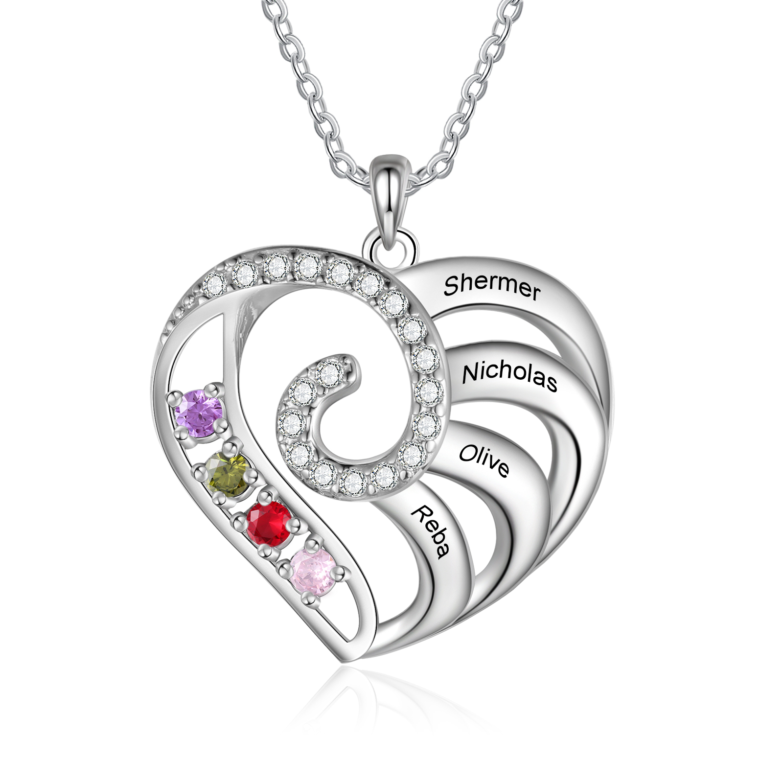 Collier Coeur 4 Prénoms Personnalisés avec 4 Pierre de Naissance Colli
