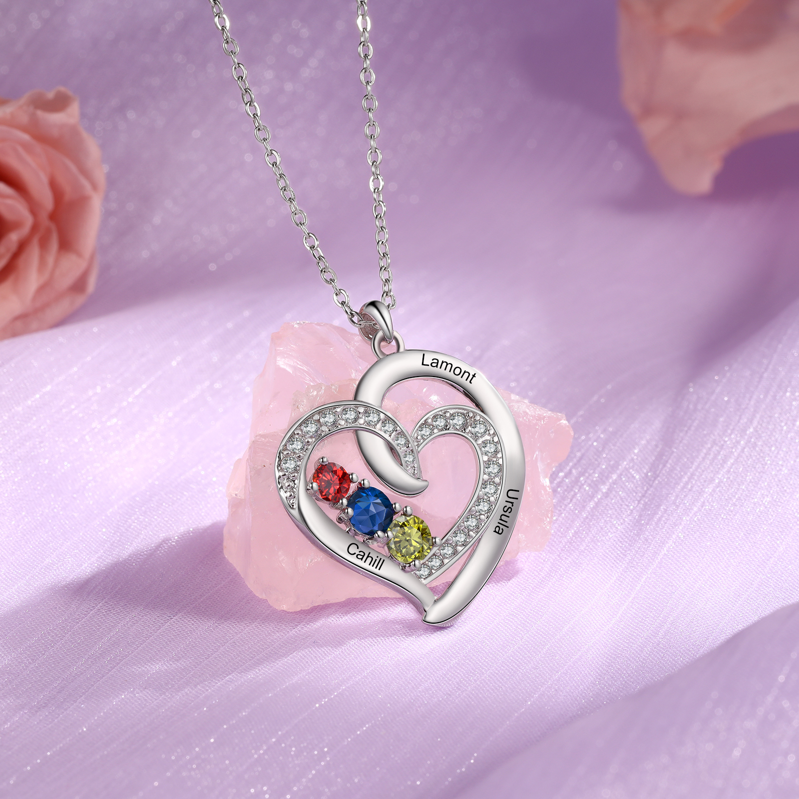 Collier Coeur 3 Prénoms Personnalisés avec Pierre de Naissance Collier Personnalisé Femme｜Jessemade