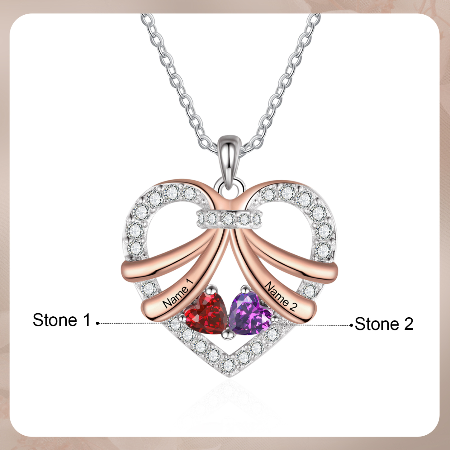 Collier Coeur en plaqué rhodium 2 Prénoms Personnalisés avec Pierre de Naissance Collier Personnalisé Femme|Jessemade