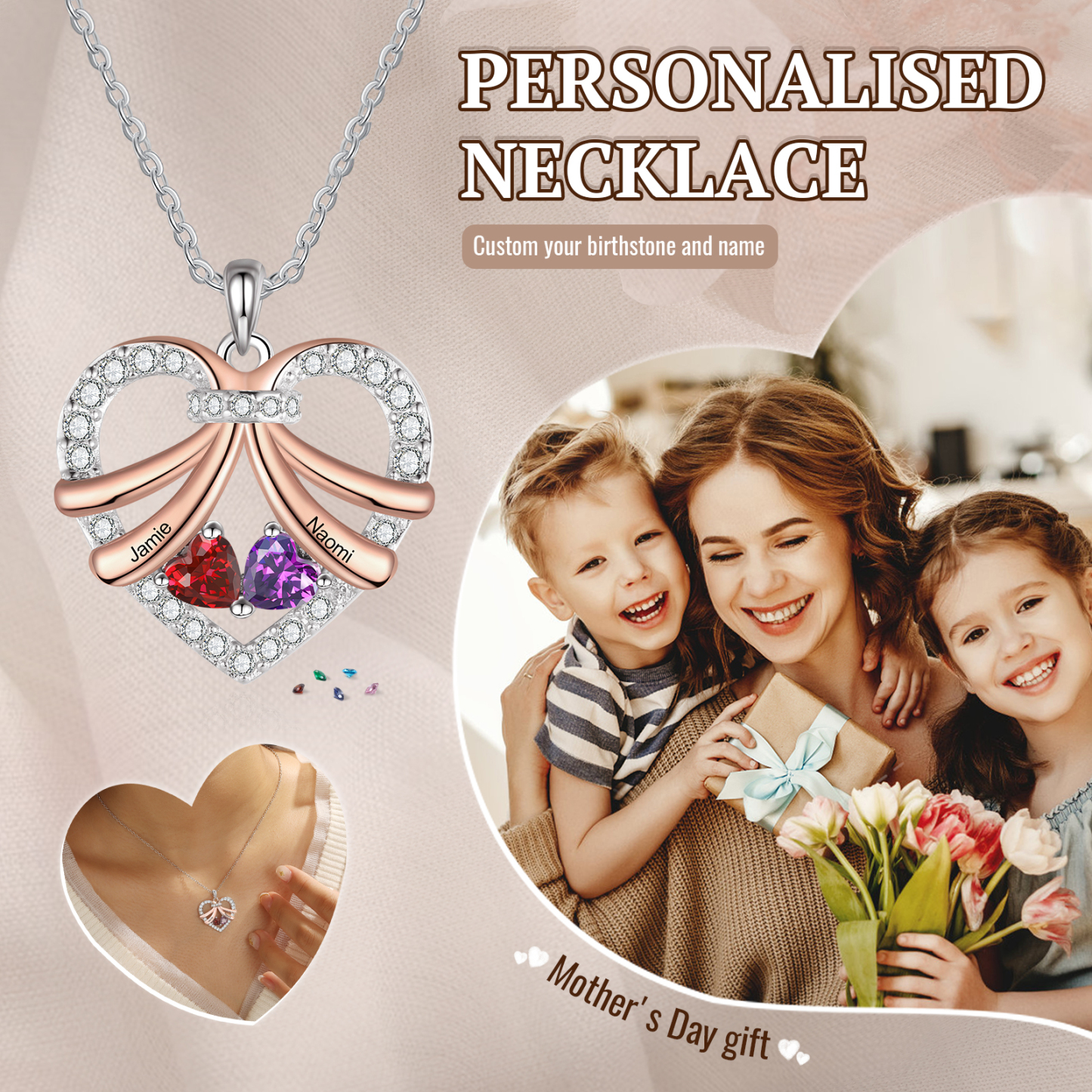 Collier Coeur en plaqué rhodium 2 Prénoms Personnalisés avec Pierre de Naissance Collier Personnalisé Femme|Jessemade