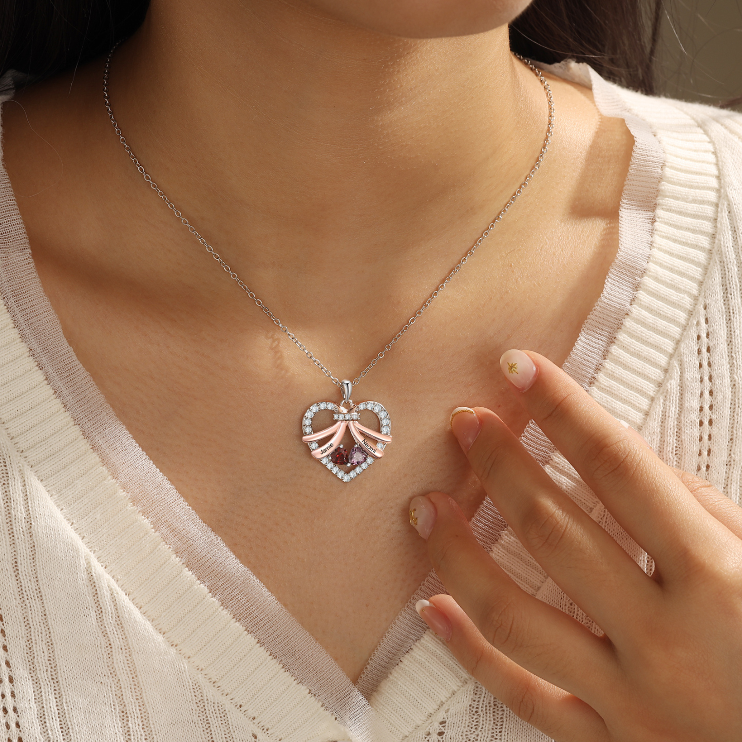Collier Coeur en plaqué rhodium 2 Prénoms Personnalisés avec Pierre de Naissance Collier Personnalisé Femme|Jessemade
