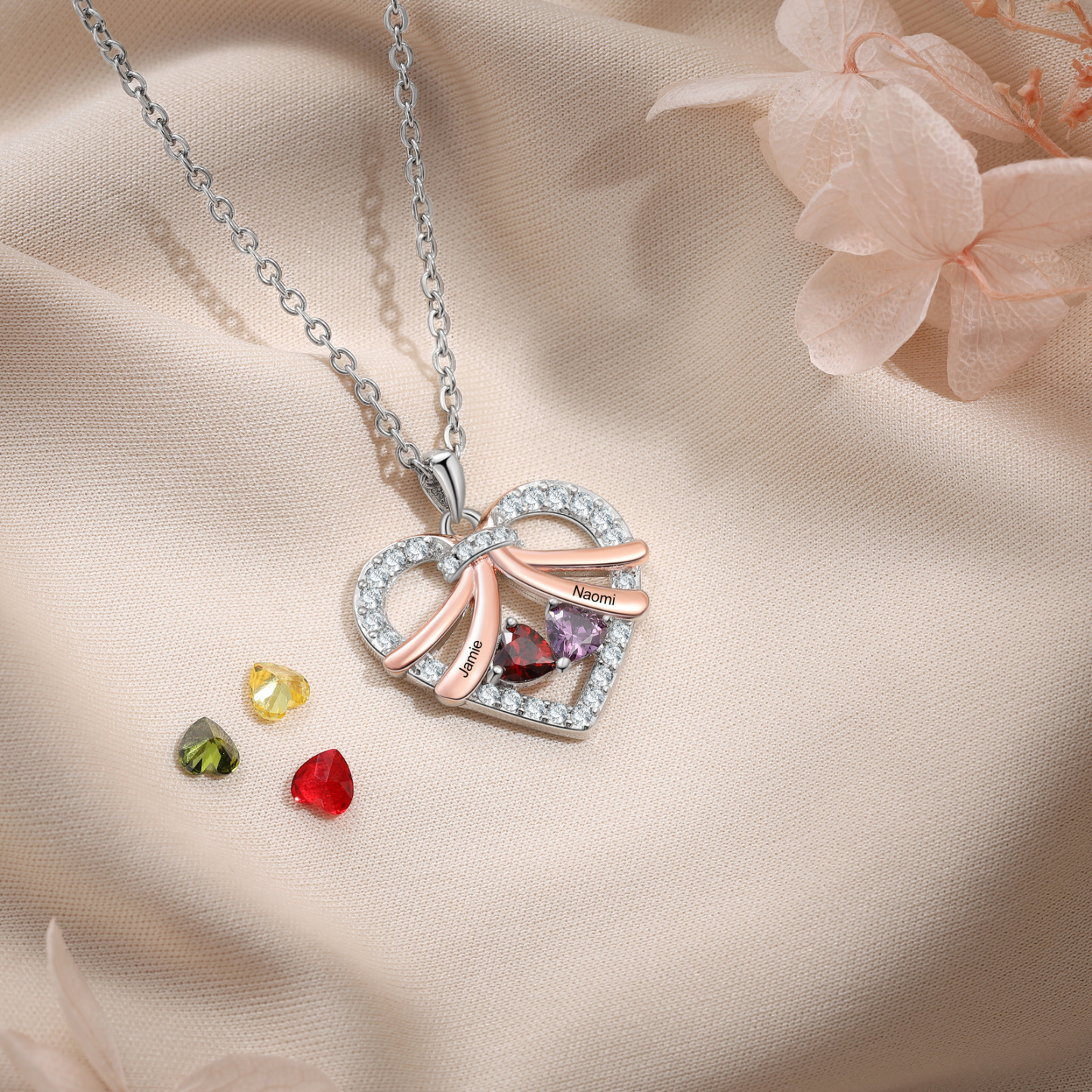 Collier Coeur en plaqué rhodium 2 Prénoms Personnalisés avec Pierre de Naissance Collier Personnalisé Femme|Jessemade