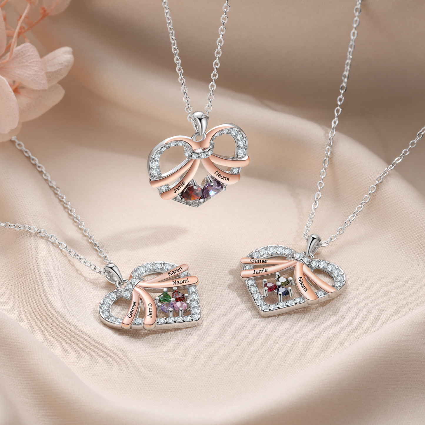 Collier Coeur en plaqué rhodium 2 Prénoms Personnalisés avec Pierre de Naissance Collier Personnalisé Femme|Jessemade