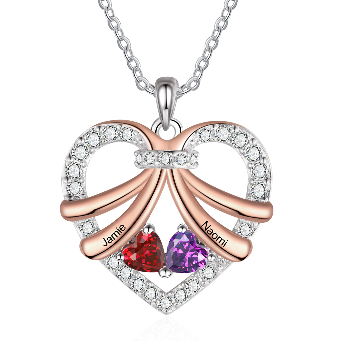 Collier Coeur en plaqué rhodium 2 Prénoms Personnalisés avec Pierre de Naissance Collier Personnalisé Femme|Jessemade