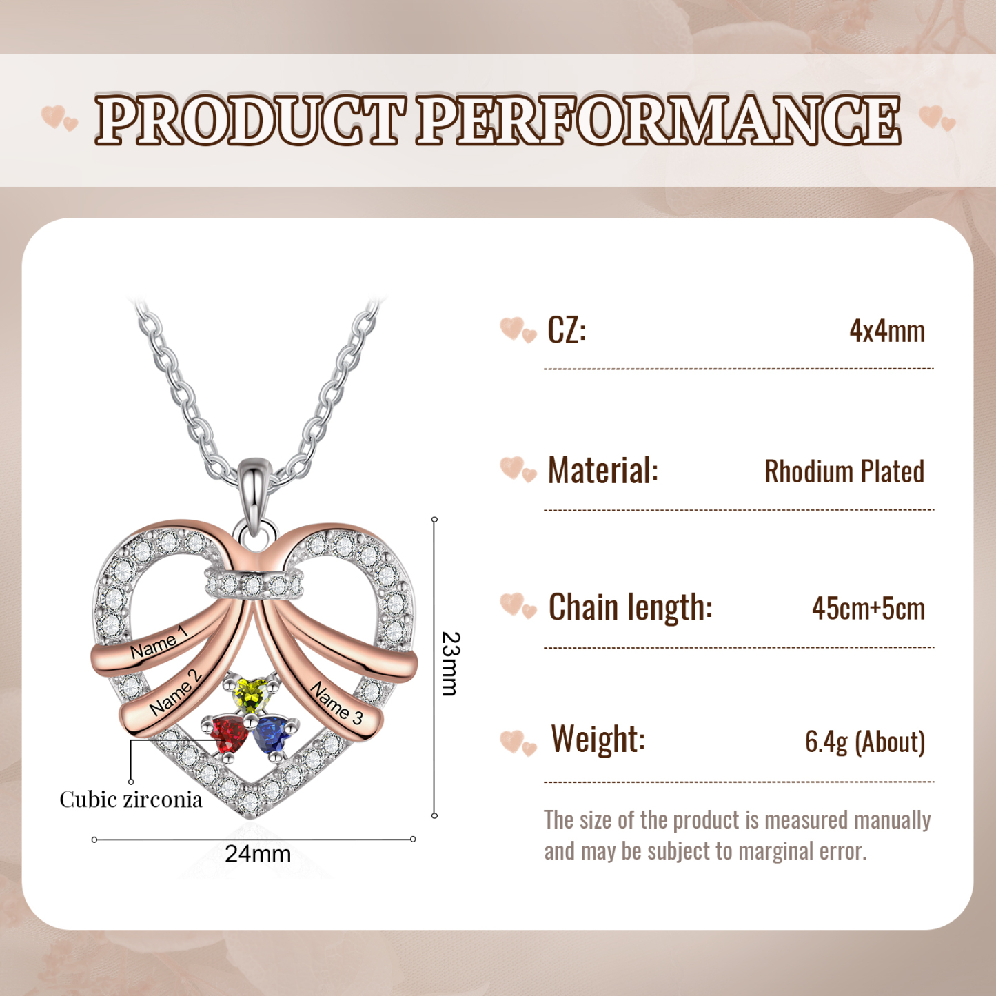 Collier Coeur en plaqué rhodium 3 Prénoms Personnalisés avec Pierre de Naissance Collier Personnalisé Femme|Jessemade