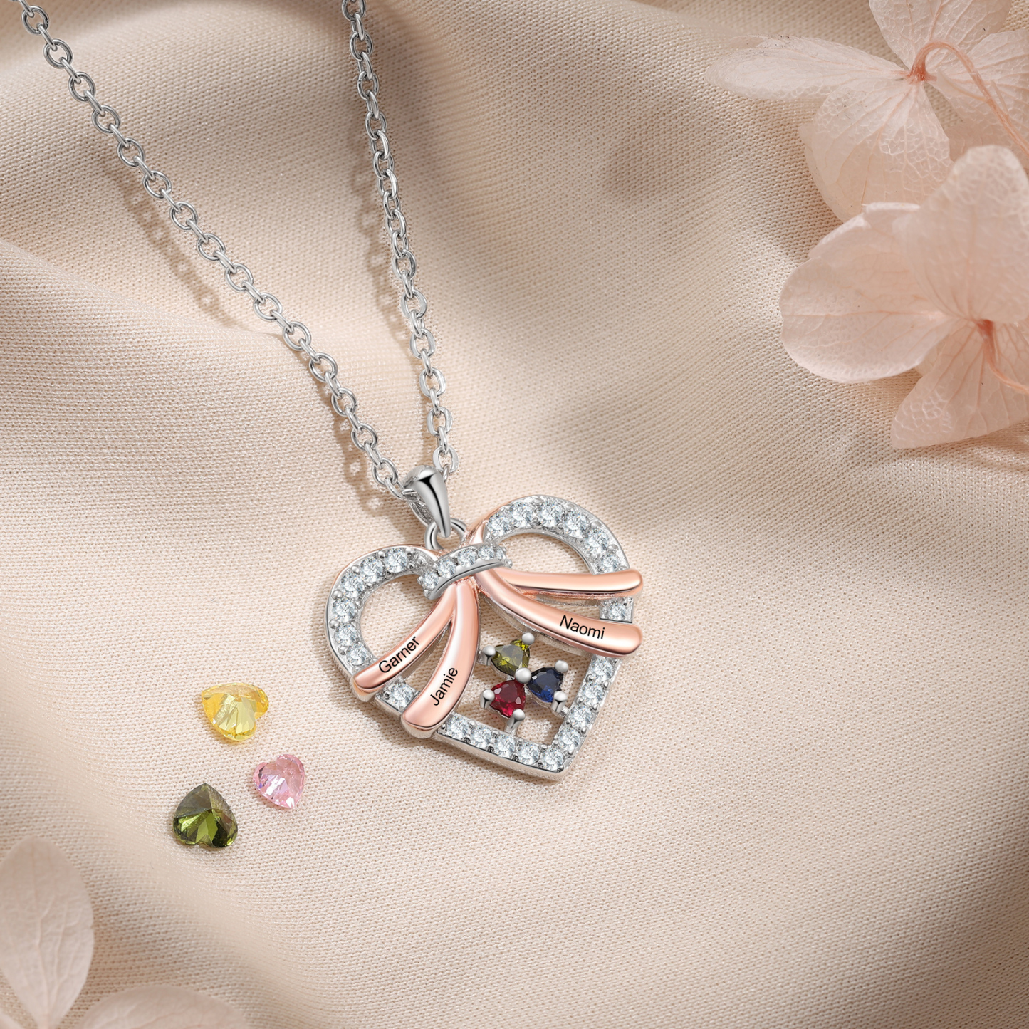 Collier Coeur en plaqué rhodium 3 Prénoms Personnalisés avec Pierre de Naissance Collier Personnalisé Femme|Jessemade