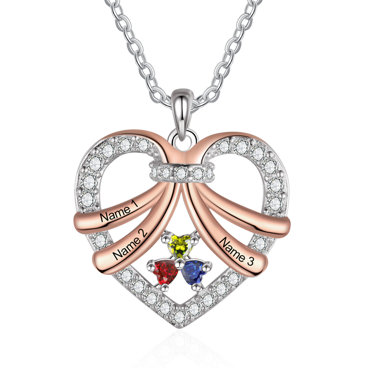 Collier Coeur en plaqué rhodium 3 Prénoms Personnalisés avec Pierre de Naissance Collier Personnalisé Femme|Jessemade