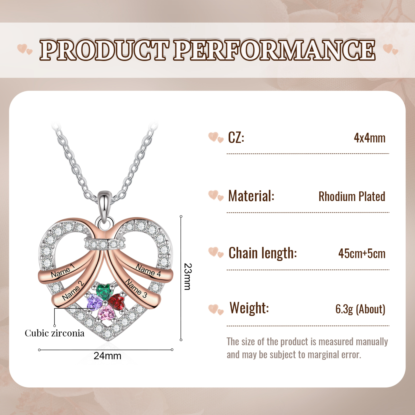 Collier Coeur en plaqué rhodium 3 Prénoms Personnalisés avec Pierre de Naissance Collier Personnalisé Femme|Jessemade