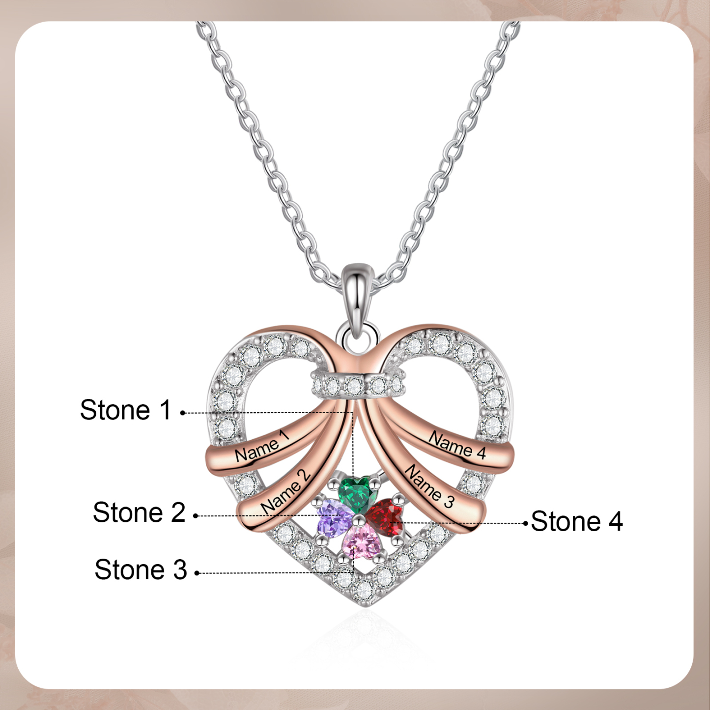 Collier Coeur en plaqué rhodium 3 Prénoms Personnalisés avec Pierre de Naissance Collier Personnalisé Femme|Jessemade