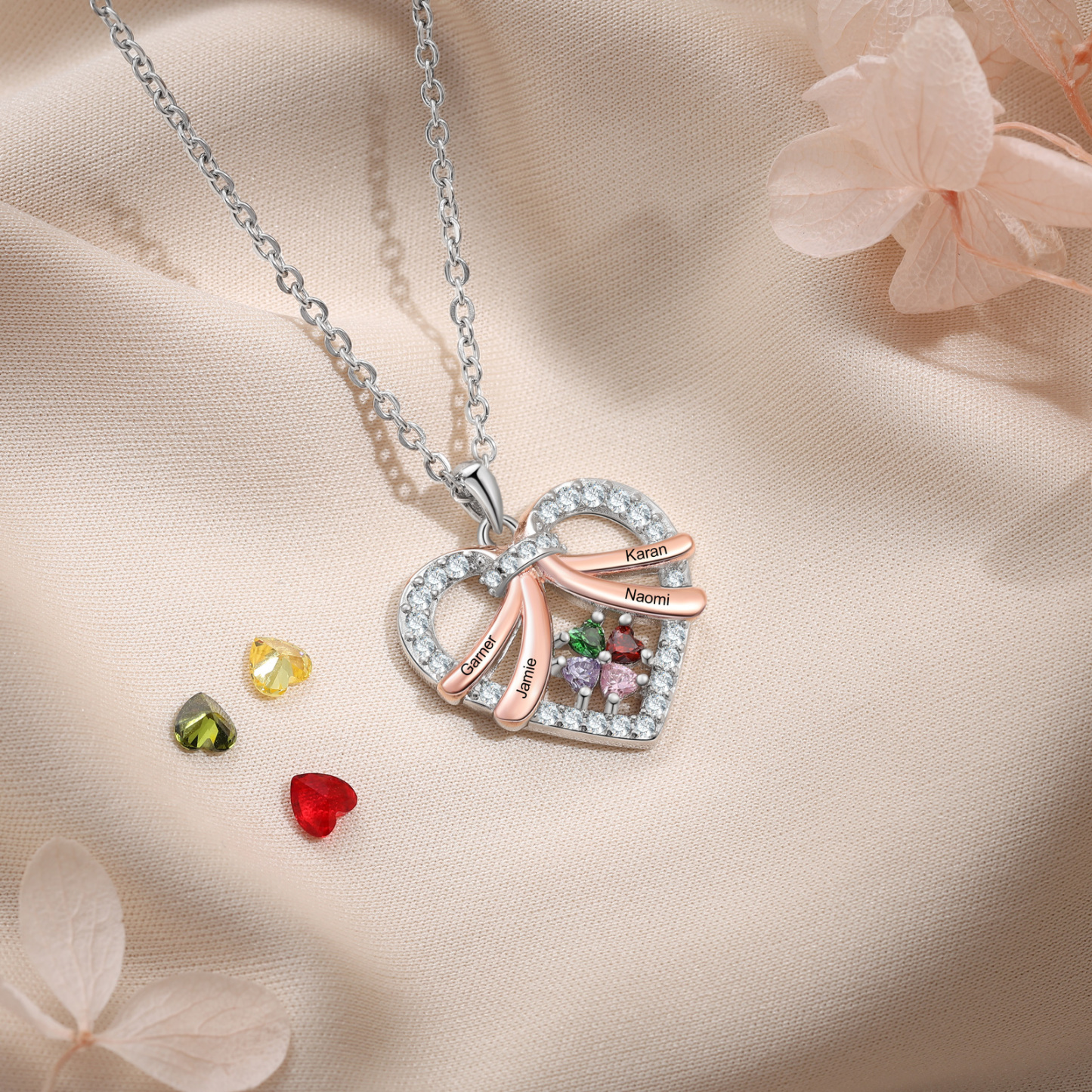Collier Coeur en plaqué rhodium 3 Prénoms Personnalisés avec Pierre de Naissance Collier Personnalisé Femme|Jessemade