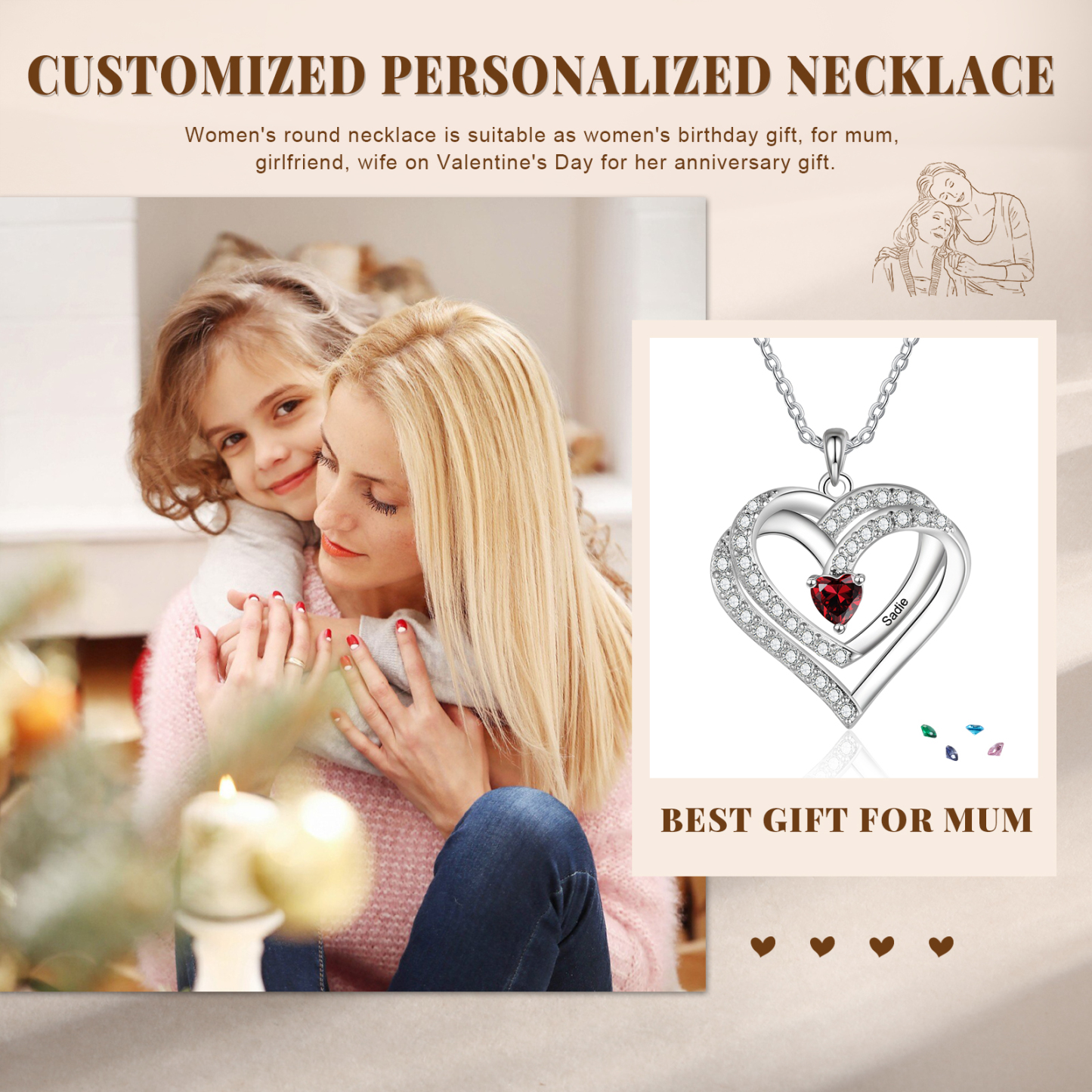 Collier Coeur en plaqué rhodium 1 Prénoms gravé Personnalisés avec Pierre de Naissance Collier Personnalisé Femme|Jessemade