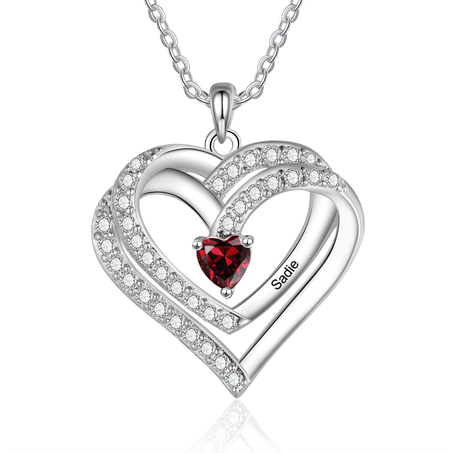 Collier Coeur en plaqué rhodium 1 Prénoms gravé Personnalisés avec Pie