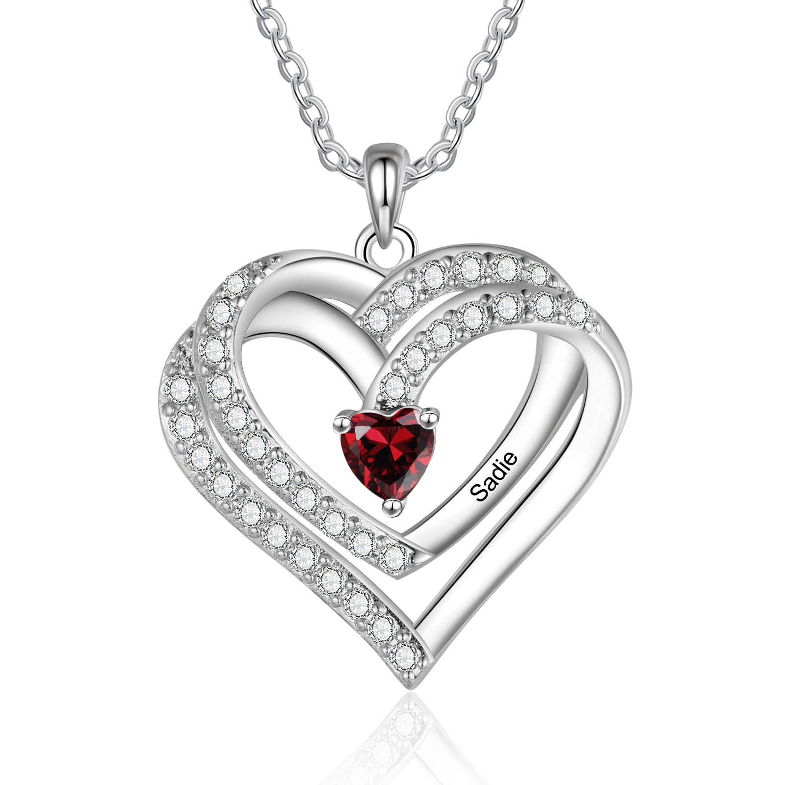 Collier Coeur en plaqué rhodium 1 Prénoms gravé Personnalisés avec Pie