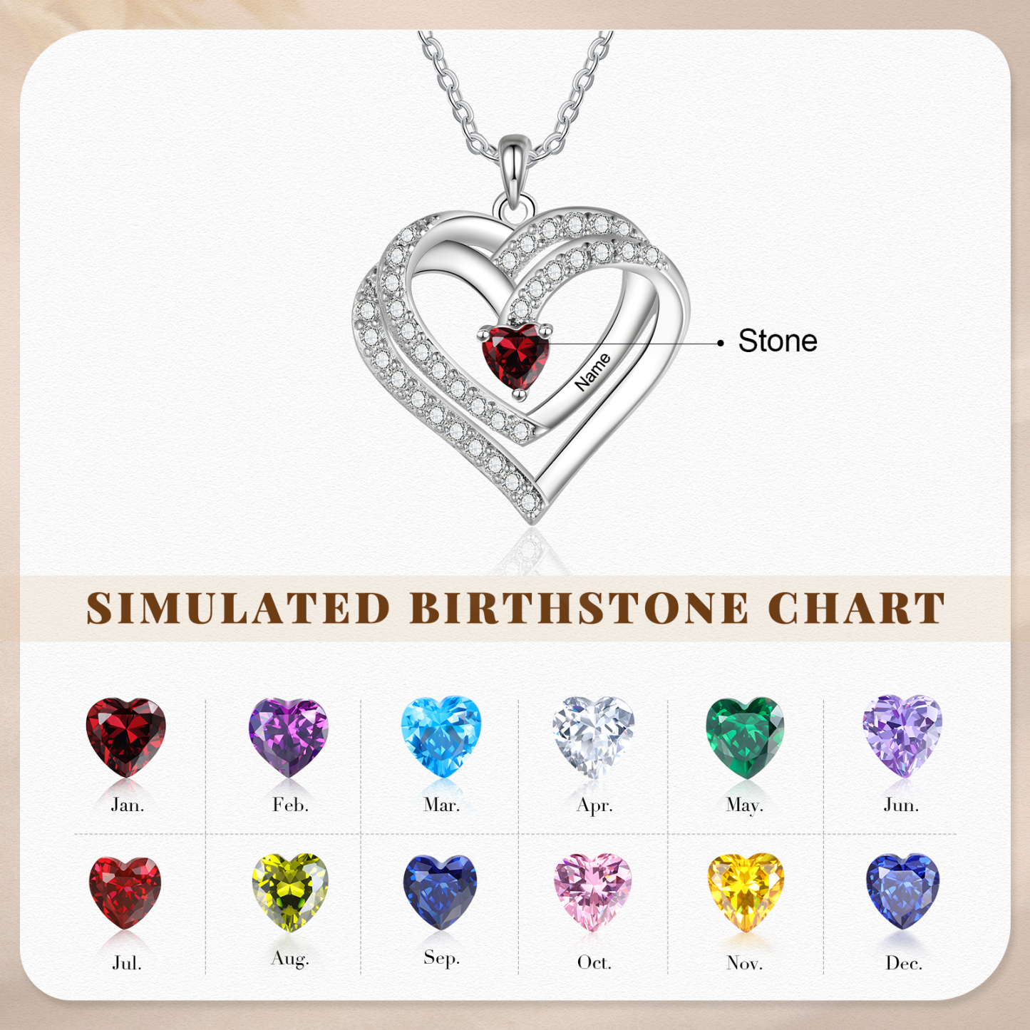 Collier Coeur en plaqué rhodium 1 Prénoms gravé Personnalisés avec Pierre de Naissance Collier Personnalisé Femme|Jessemade