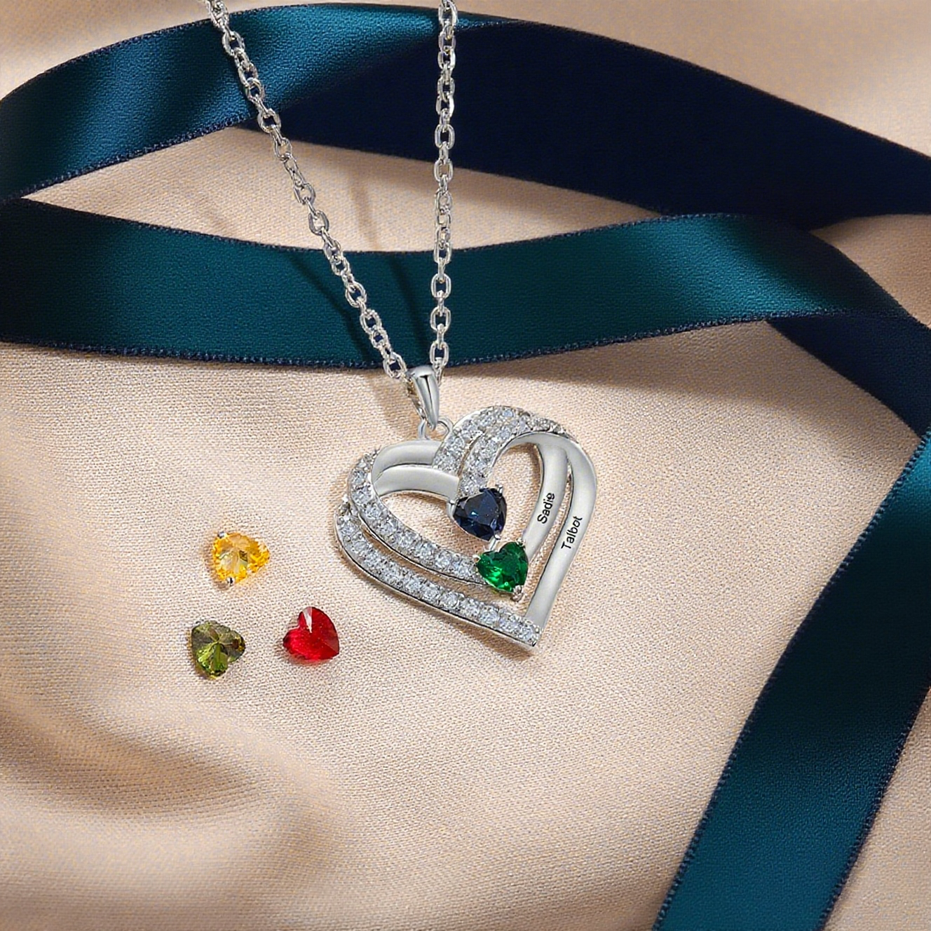 Collier Double Coeur 1-4 Prénoms Gravé avec Pierre de Naissance Collier Personnalisé Femme｜Jessemade