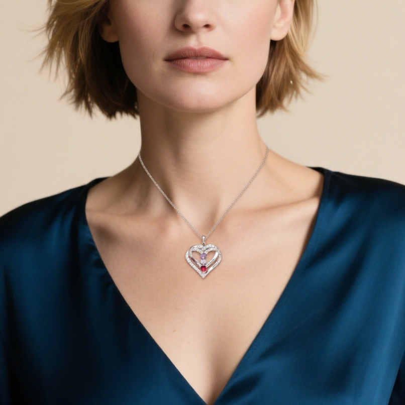 Collier Double Coeur 1-4 Prénoms Gravé avec Pierre de Naissance Collier Personnalisé Femme｜Jessemade