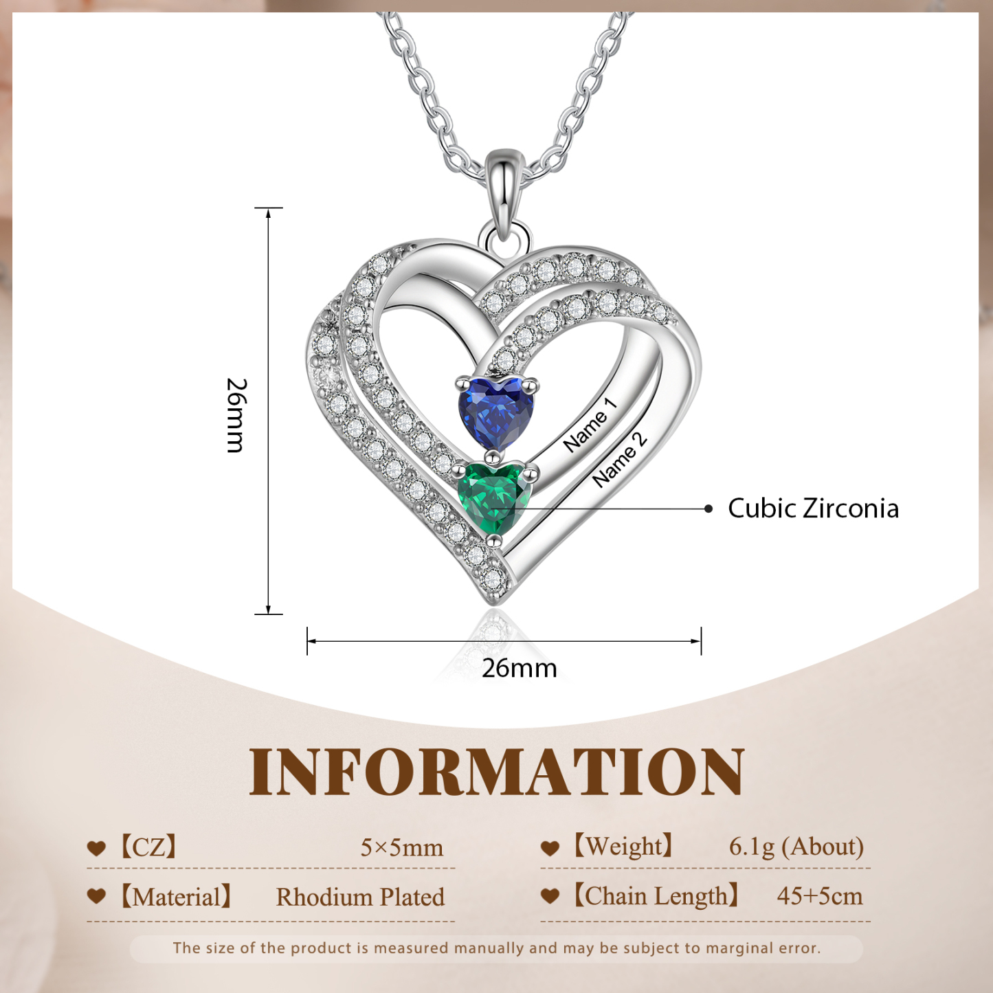 Collier Coeur en plaqué rhodium 2 Prénoms gravé Personnalisés avec Pierre de Naissance Collier Personnalisé Femme|Jessemade