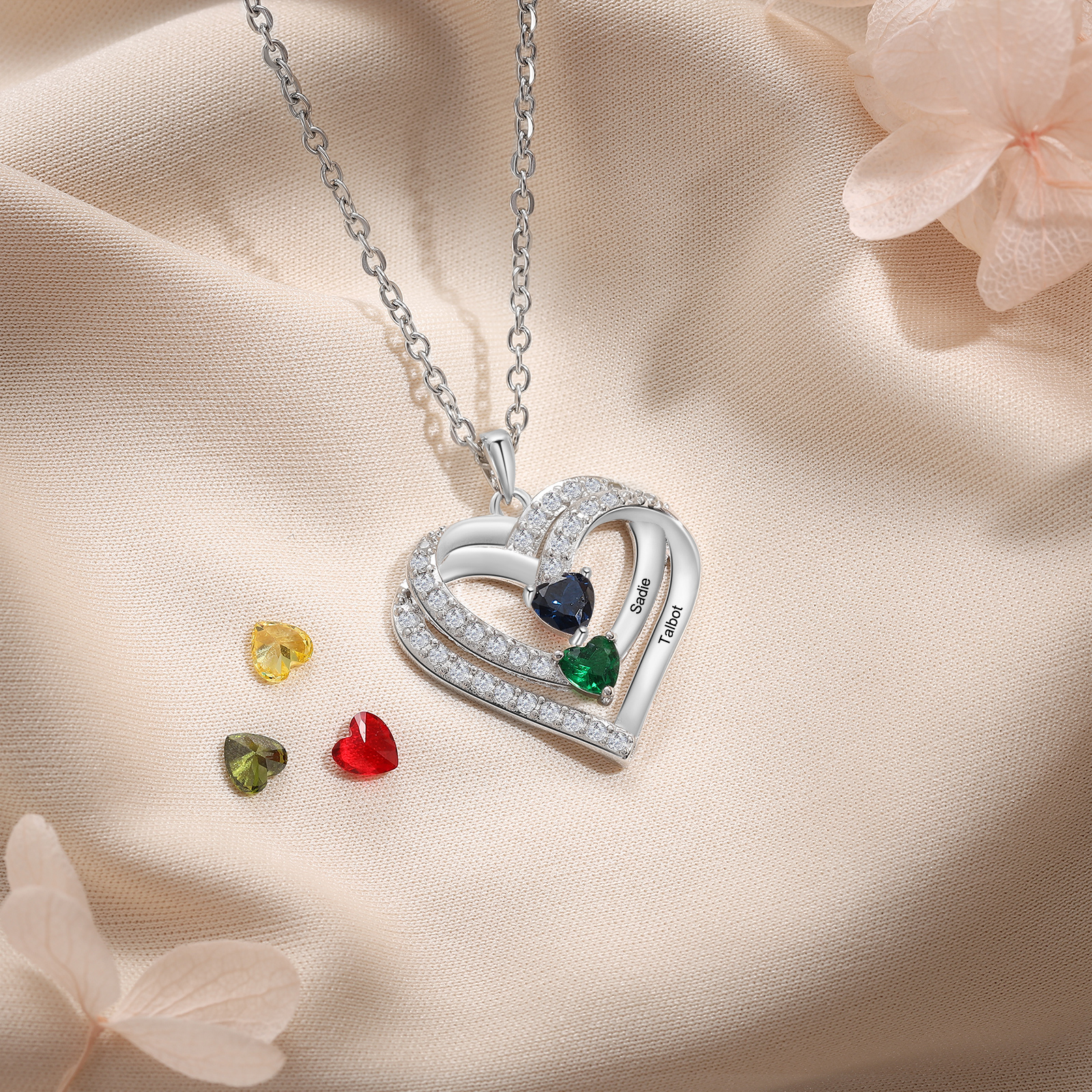 Collier Coeur Argent S925 2 Prénoms Personnalisés avec 2 Pierre de naissance pour Femmes Saint Valentin|Jessemade