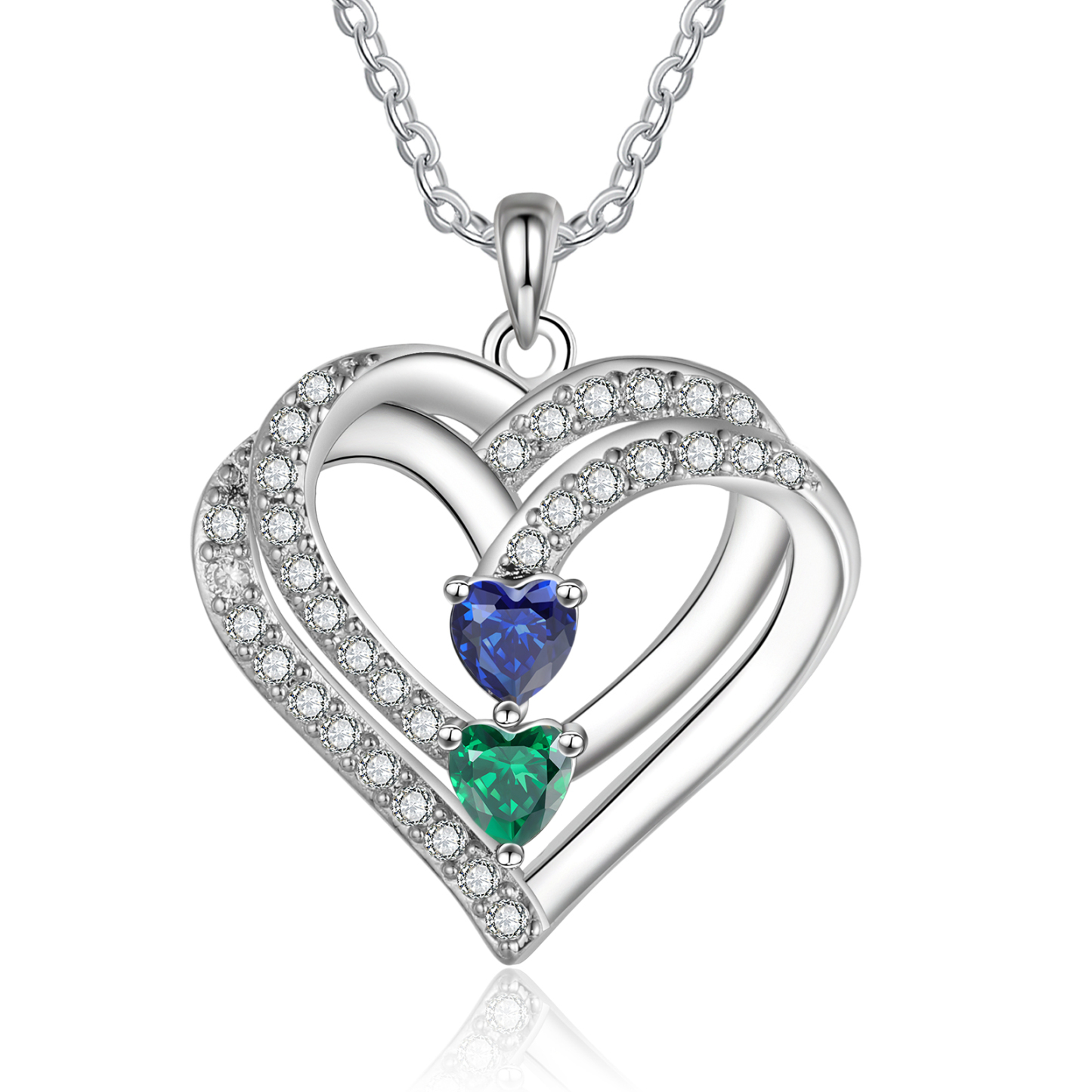 Collier Coeur Argent S925 2 Prénoms Personnalisés avec 2 Pierre de naissance pour Femmes Saint Valentin|Jessemade
