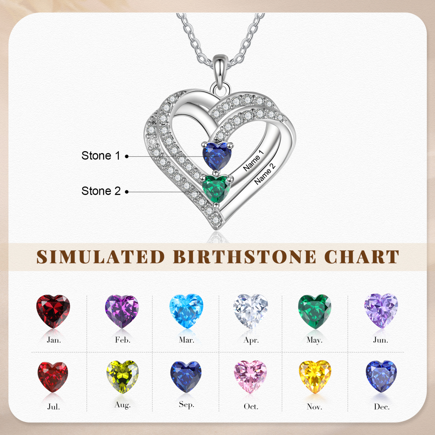 Collier Coeur Argent S925 2 Prénoms Personnalisés avec 2 Pierre de naissance pour Femmes Saint Valentin|Jessemade